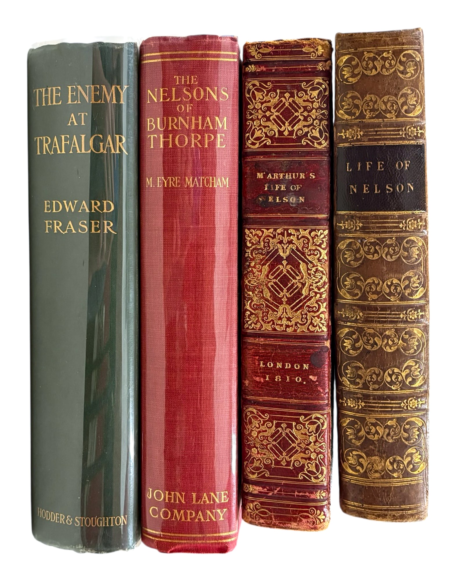 4pc Antique Admiral Nelson Books: 4pc Antique Admiral Nelson Books 9"x6"x2" Largest. Includes "The Enemy at Trafalgar" by Edward Fraser, "The Nelsons of Burnham Thorpe" by M. Eyre Matcham, "The Life of Admiral Lord Nelson, K.B. from