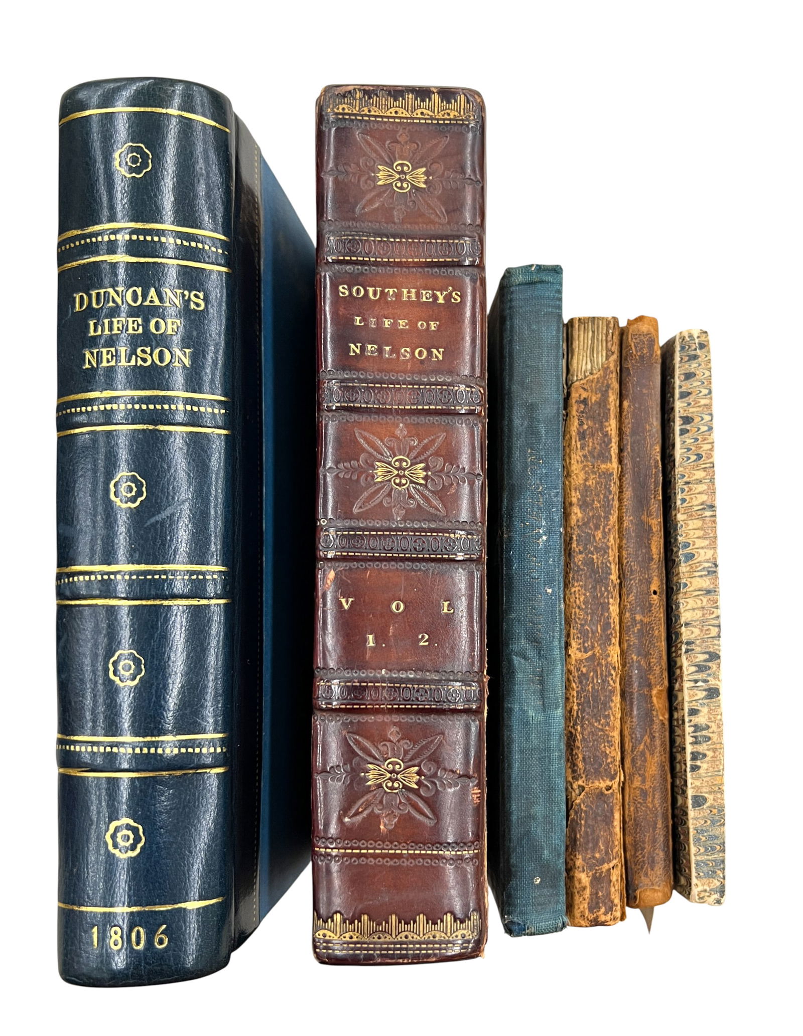 6pc Antique Admiral Nelson Bio Books: 6pc Antique Admiral Nelson Bio Books 7"x4.5"x1.75" Largest. Includes "Memoirs of the Life of the Late Lord H. Nelson", "Life of Vice Admiral Lord Viscount Nelson", "The Life of Nelson" 2 Copies by