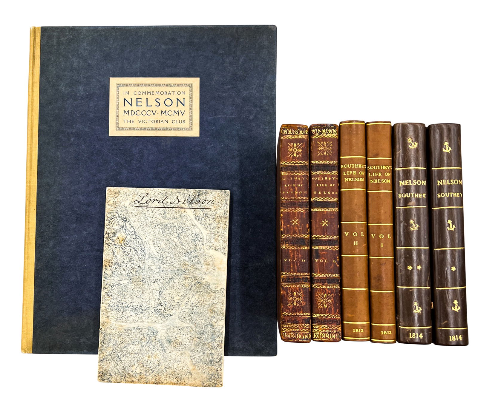 8pc Antique Admiral Nelson Books: 8pc Antique Admiral Nelson Books 12.5"x9.5"x.25" Largest. Includes "The Life of Nelson" 3 Copies by Robert Southey, "Memoirs of the Life of Lord Nelson" & "In Commemoration: Nelson". Some books have
