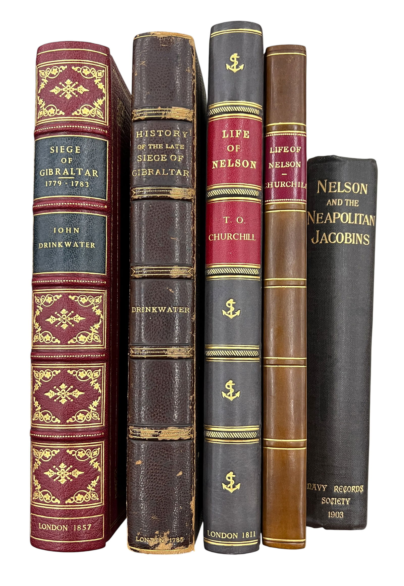 5pc Antique Lord Admiral Nelson Books: 5pc Antique Lord Admiral Nelson Books 11"x9"x1.75" Largest. Includes "Nelson and the Neapolitan Jacobins", "The Life of Lord Viscount Nelson" 2 Copies by T.O. Churchill & "A History of the Late Siege