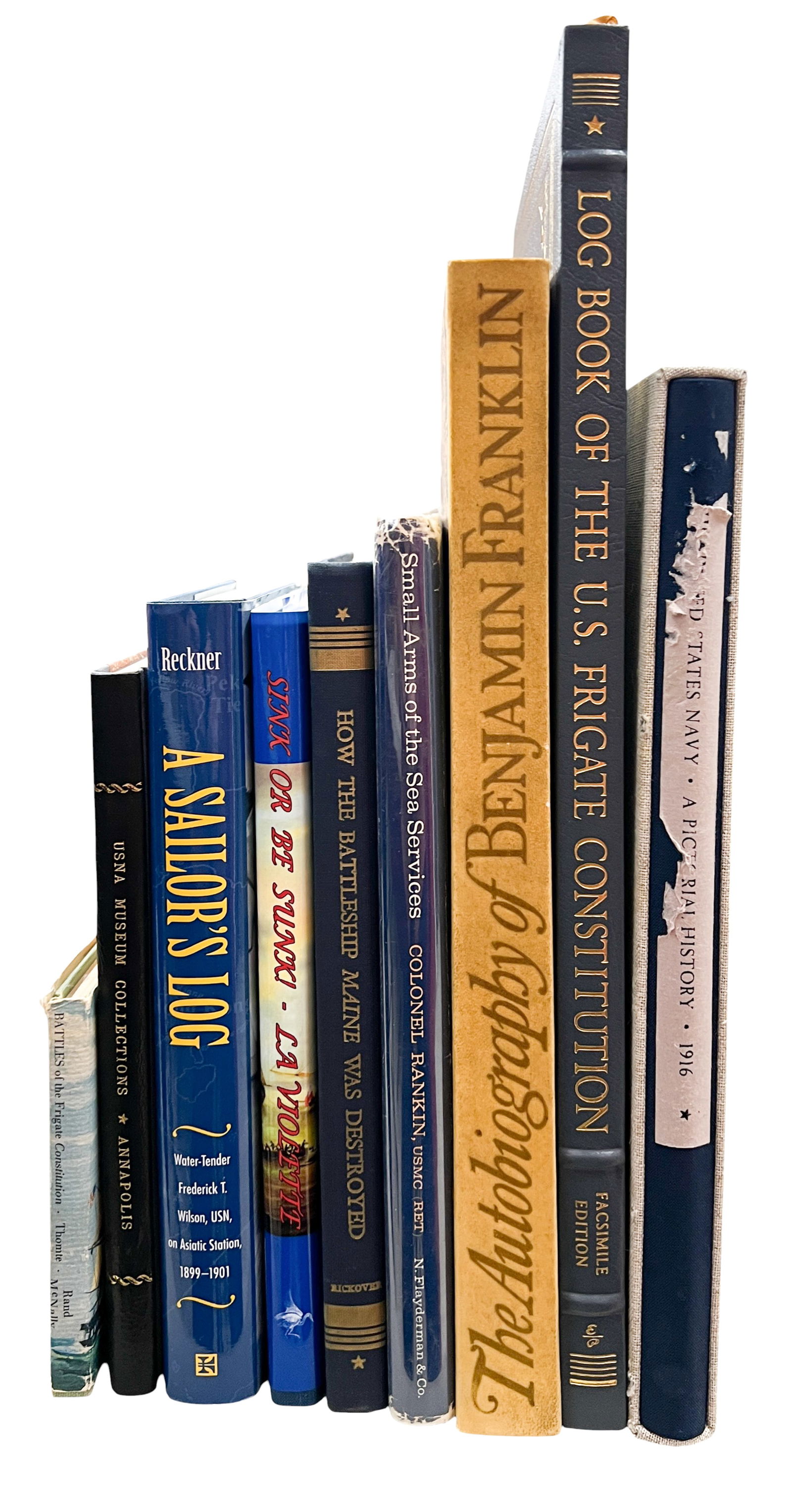 9pc United States Naval Books etc.: 9pc United States Naval Books etc. 12"x17"x1" Largest. Includes "Battles of the Frigate Constitution" by Theodore Thonte, "Catalogue of the Malcolm Storer Collection of Naval Medals" by Dr. Malcolm St