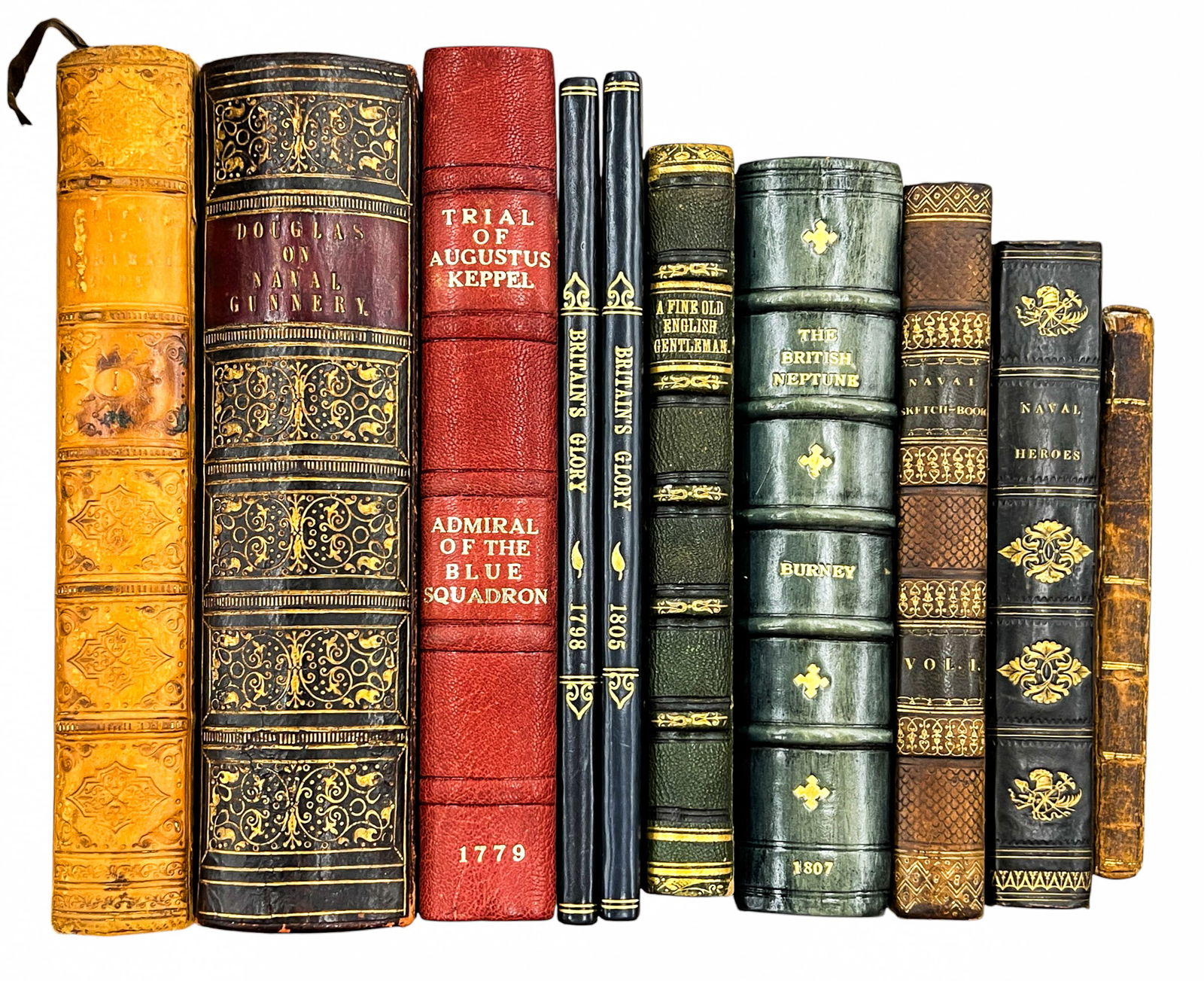 10pc Antique British Naval Books etc.: 10pc Antique British Naval Books etc. 8.5"x6"x2.25" Largest. Includes "Letters from Simpkin II to His Dear Brother in Wales" by Warren Hastings, "The Naval Heroes of Great Britain" by William Burney,