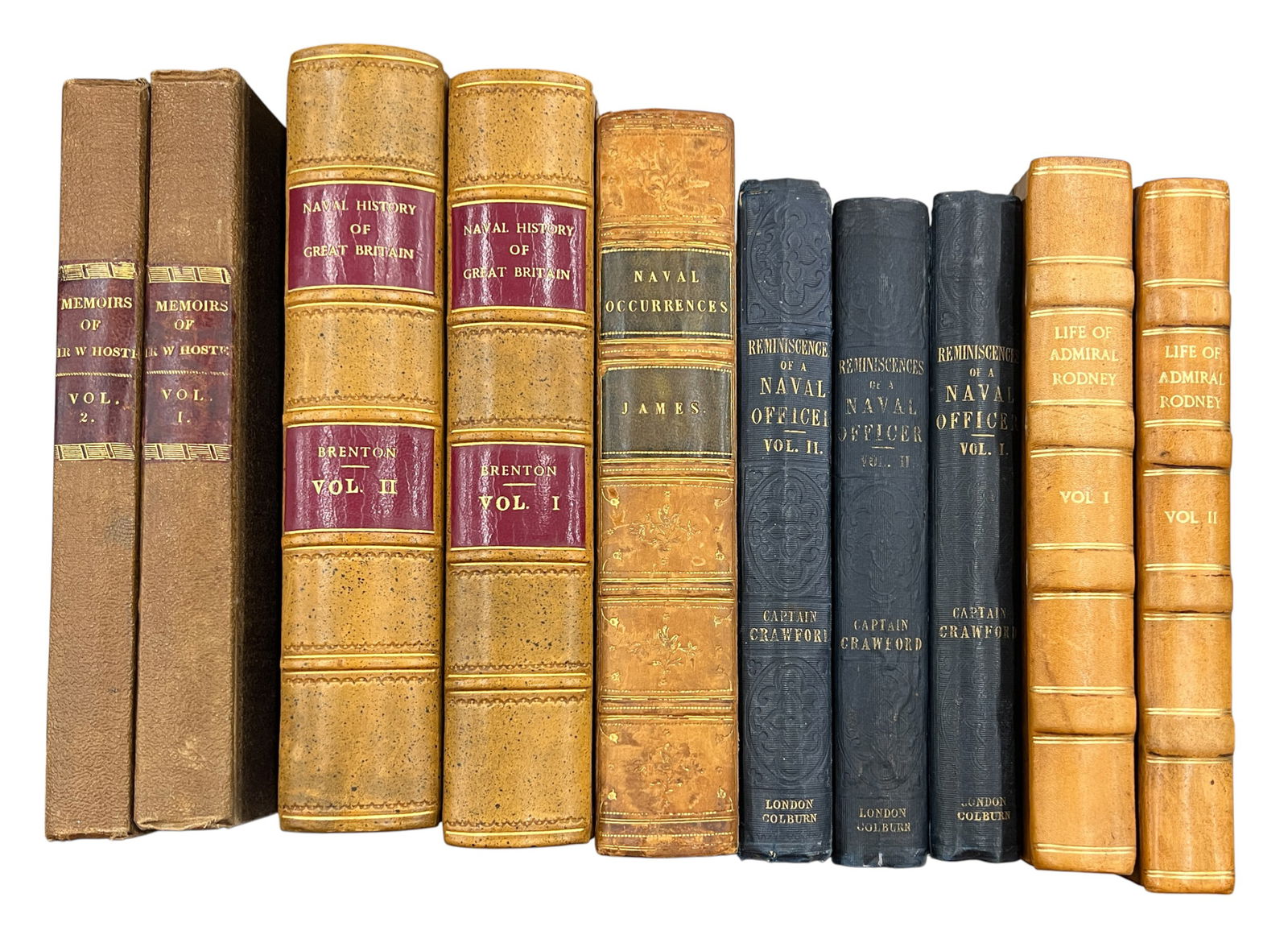 10pc Antique British Naval Books: 10pc Antique British Naval Books 9"x6"x2" Largest. Includes "Naval History of Great Britain" 2 Volumes by Edward Pelham Brenton, "Naval Occurences" by William James, "Reminiscences of a Naval Officer