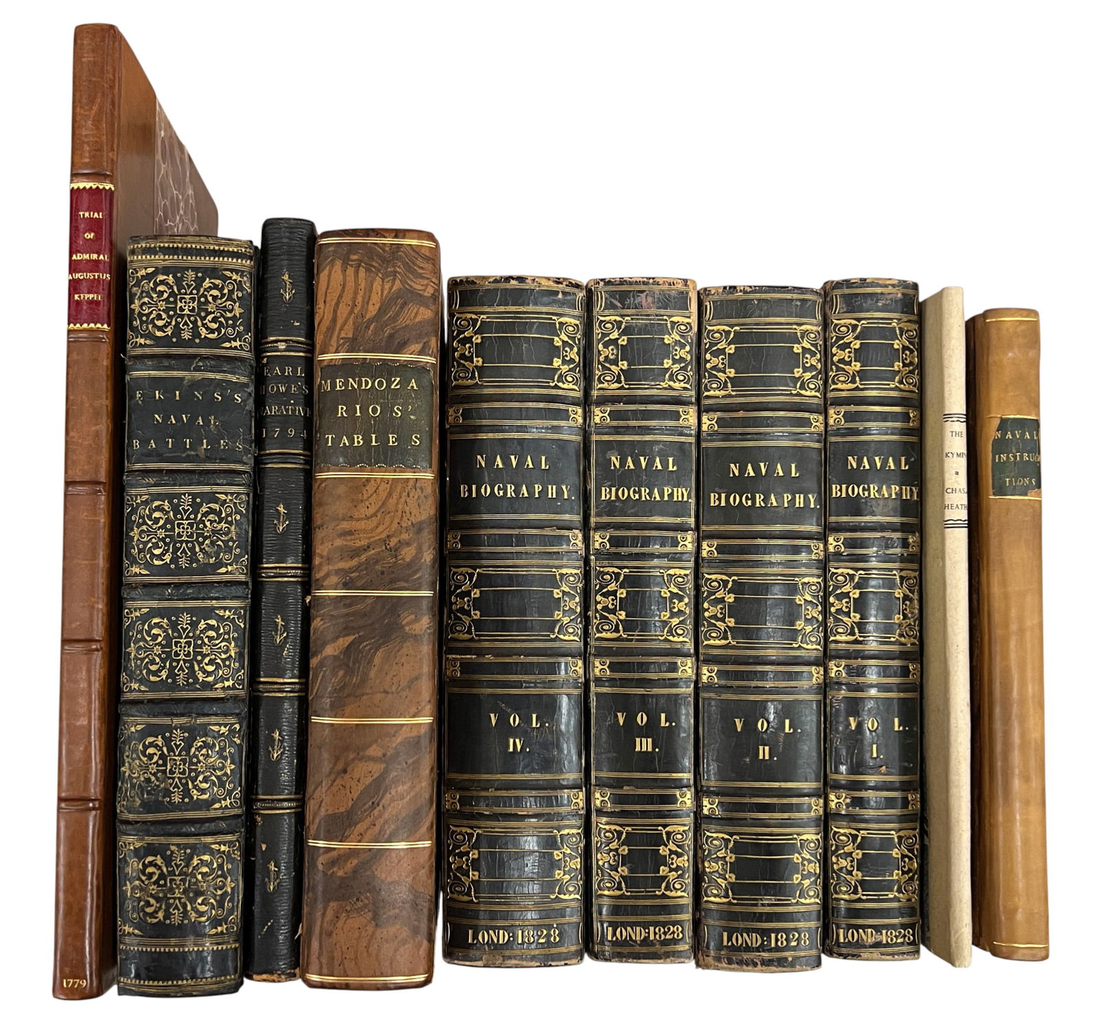 10pc Antique British Maritime Books: 10pc Antique British Maritime Books 10.75"x9"x2". Includes "Trial of Admiral Augustus Keppel" by George Jackson, "Naval Battles from 1744 to the Peace in 1814" by Charles Ekins, "Regulations and Instr