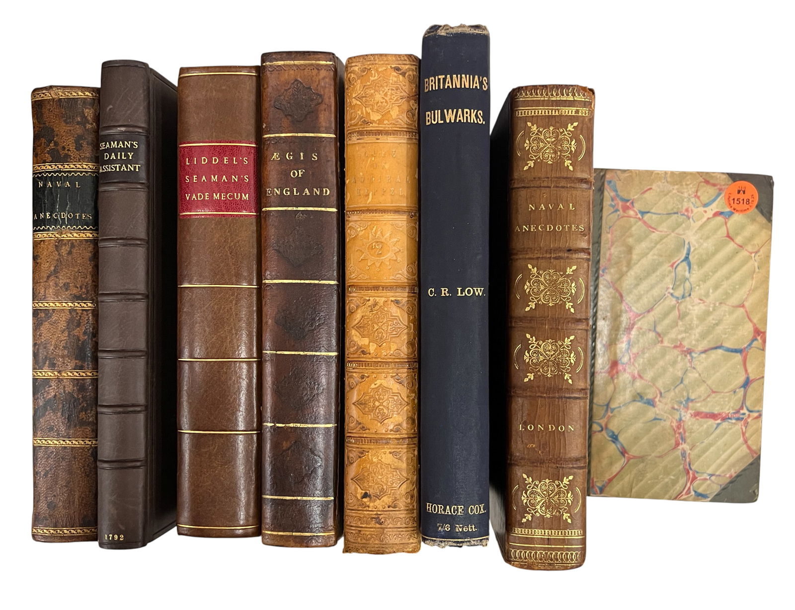 8pc Antique British Naval Books: 8pc Antique British Naval Books 9.5"x6"x2" Largest. Includes "Naval Sketch Book Volume II" by An Officer of Rank, "Naval Anecdotes" 2 Copies, "The Aegis of England" by Maurice Evans, "The Life of Augu