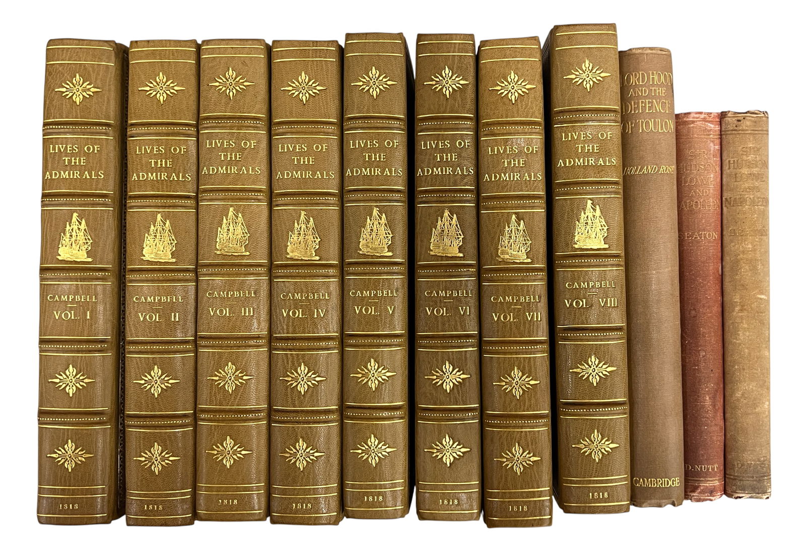 11pc Antique British Naval Books: 11pc Antique British Naval Books 9"x6"x1.25" Largest. Includes "Sir Hudson Lowe and Napoleon" 2 Copies by R.C. Seaton, "Lord Hood and the Defence of Toulon" by J. Holland Rose & "The Lives of the