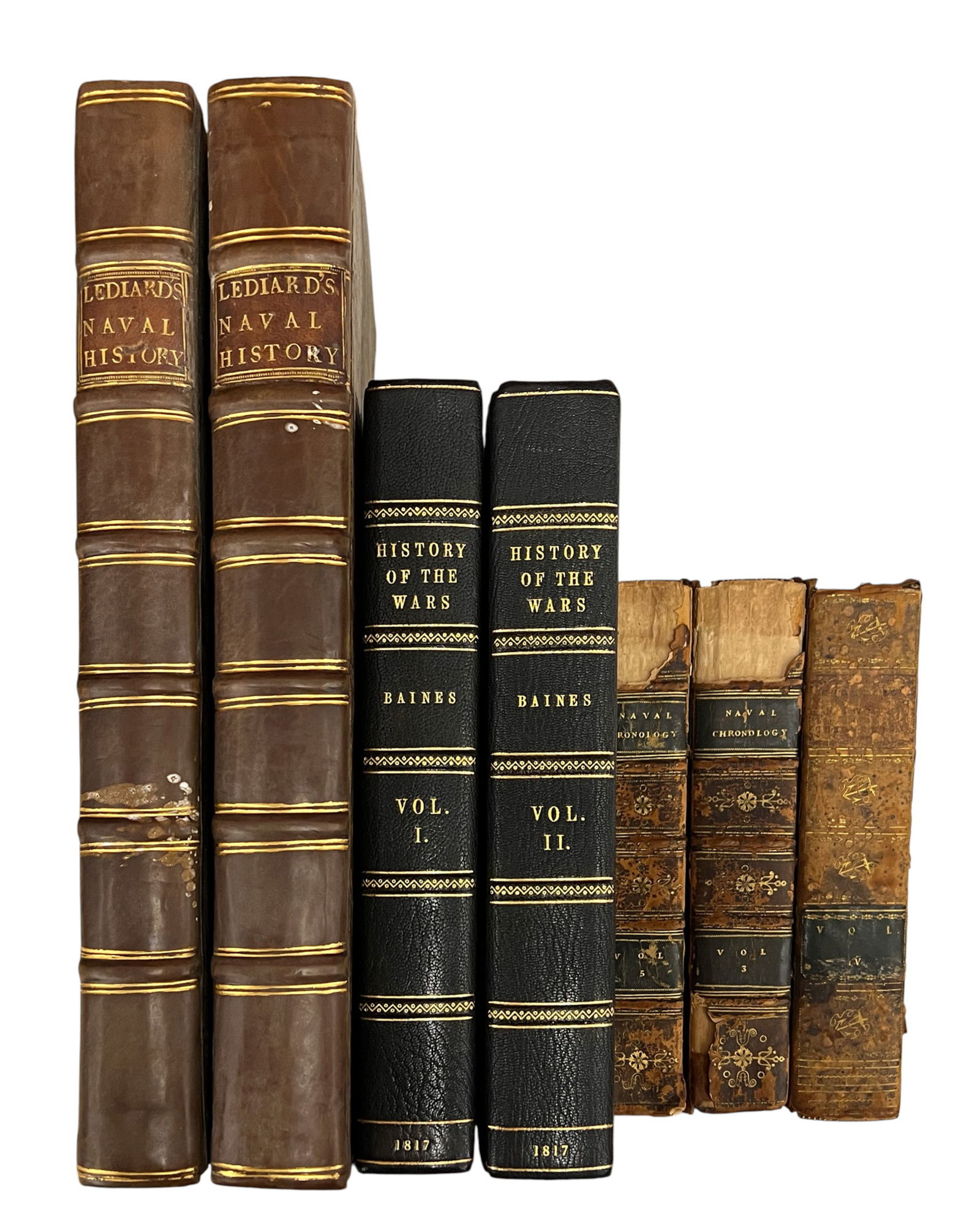 7pc Antique British Naval History Books: 7pc Antique British Naval History Books 14"x9.25"x2" Largest. Includes "Naval Chronology Volume III-V" 3 Volumes by Isaac Schomberg, "History of the Wars Volume I-II" 2 Volumes by Edward Baines &