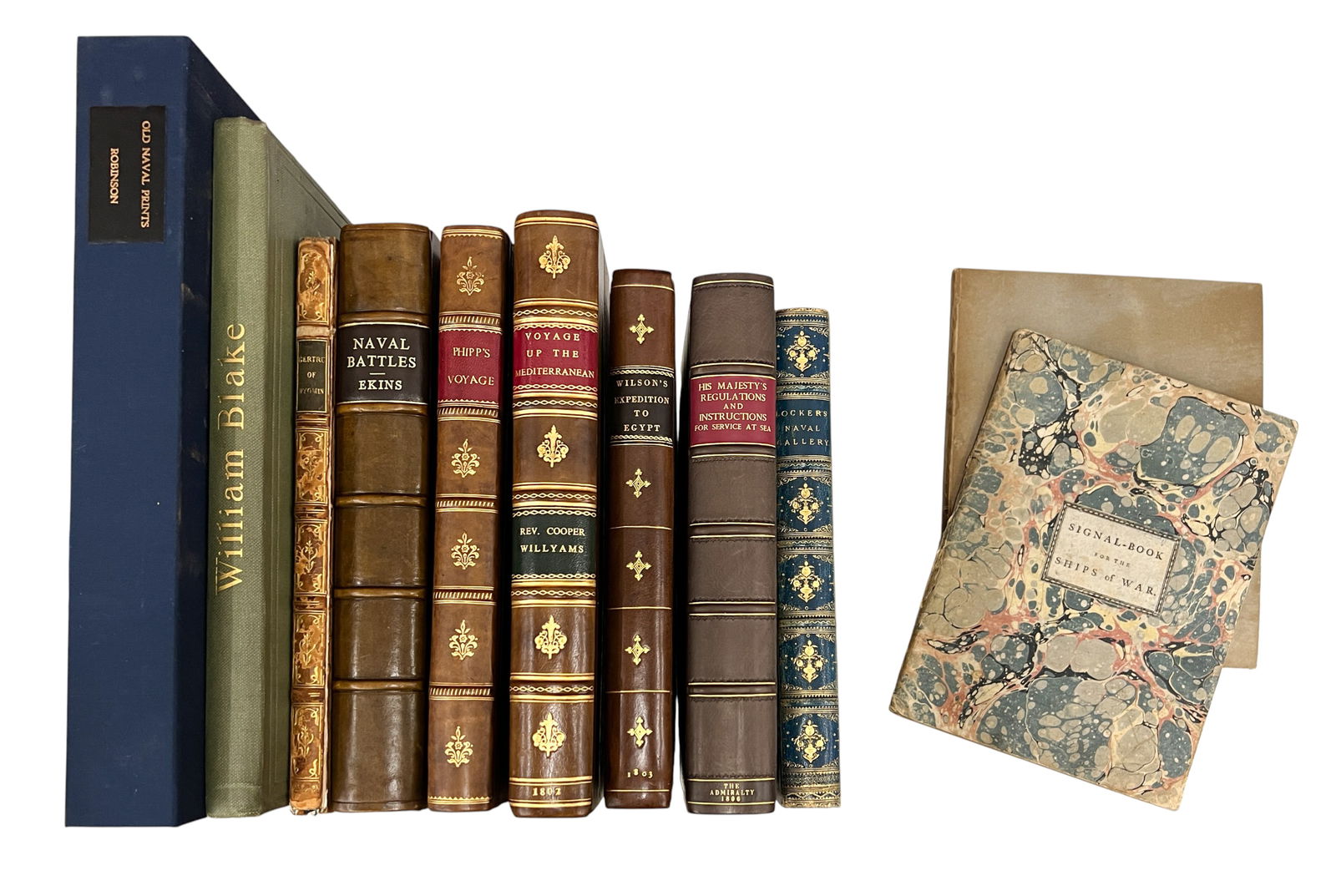 11pc Antique British Naval Navigation Books etc.: 11pc Antique British Naval Navigation Books etc. 14"x11"x2". Includes "A Voyage Up the Mediterranean" by Rev. Cooper Willyams, "A Voyage Towards the North Pole" by Constantine John Phipps,
