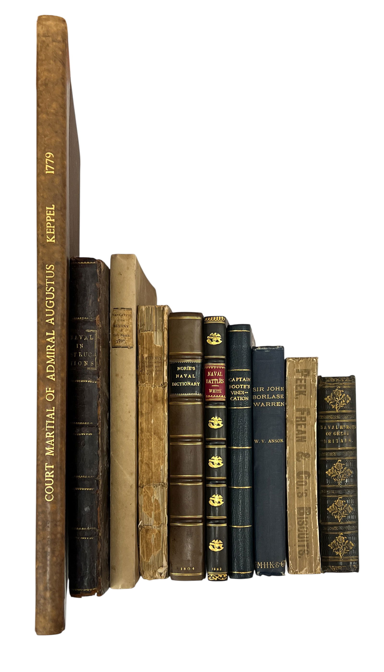 10pc Antique British Naval Books: 10pc Antique British Naval Books 15.5"x10"x1" Largest. Includes "The Mariners New and Complete Naval Dictionary" by J.W. Norie, "Royal Battles" by Thomas White, "Official Catalogue for the Royal