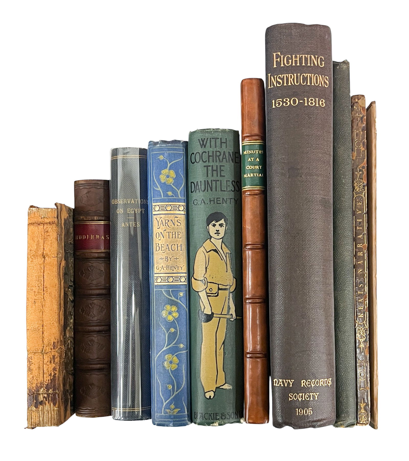 9pc Antique British Maritime Books: 9pc Antique British Maritime Books 9.5"x6.5"x2". Includes "The Naval Chronologist of the Late War" by Steel, "Observations on the Manors and Customs of the Egyptians" by John Antes, "Yarns on the