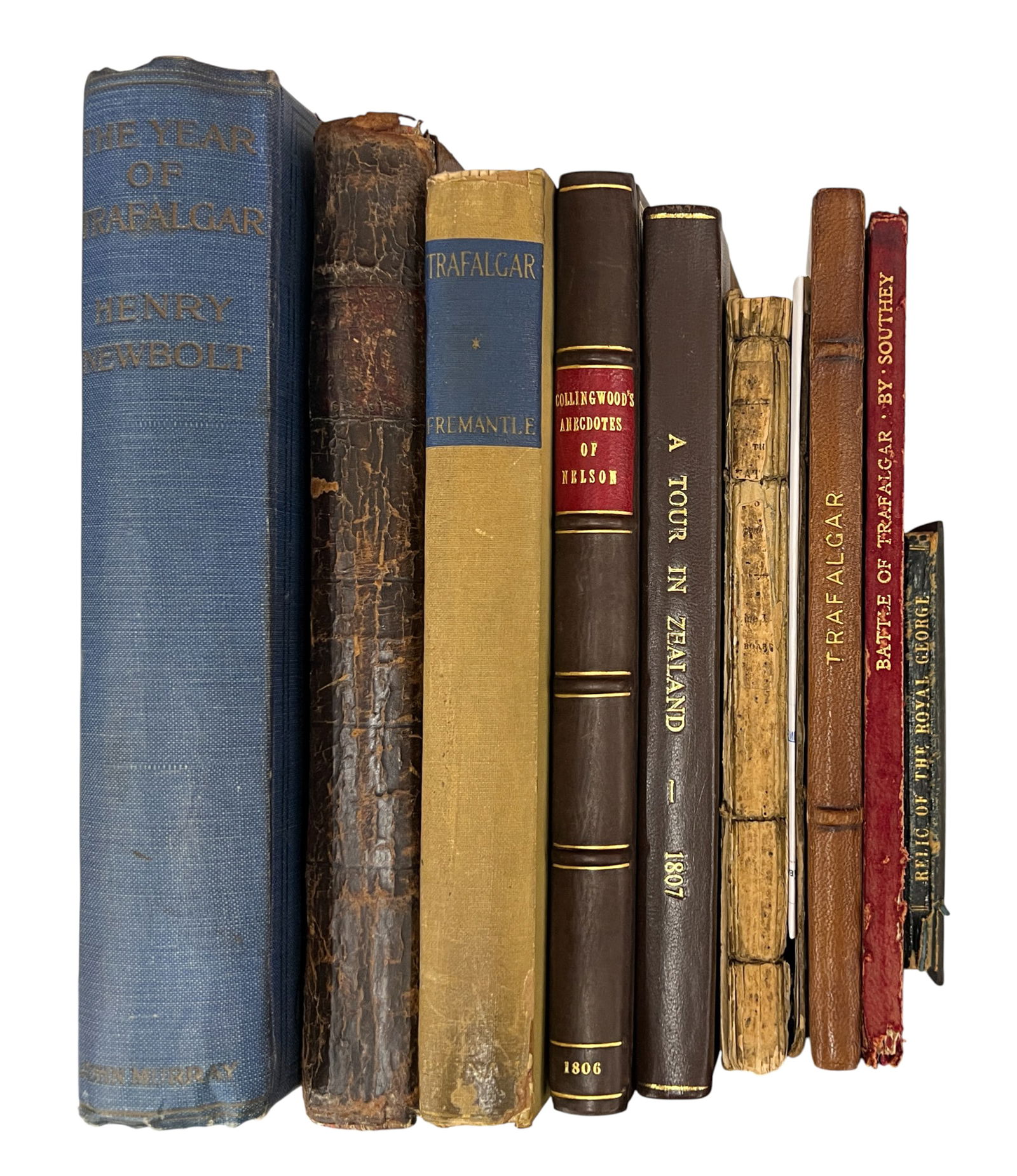 9pc Antique Admiral Nelson Books: 9pc Antique Admiral Nelson Books 8"x6"x1.5" Largest. Includes "The Battle of Copenhagen" by Thoams Rodd, "The Narrative of the Loss of HMS Royal George", "Trafalgar" by A.F. Fremantle, "Anecdotes of