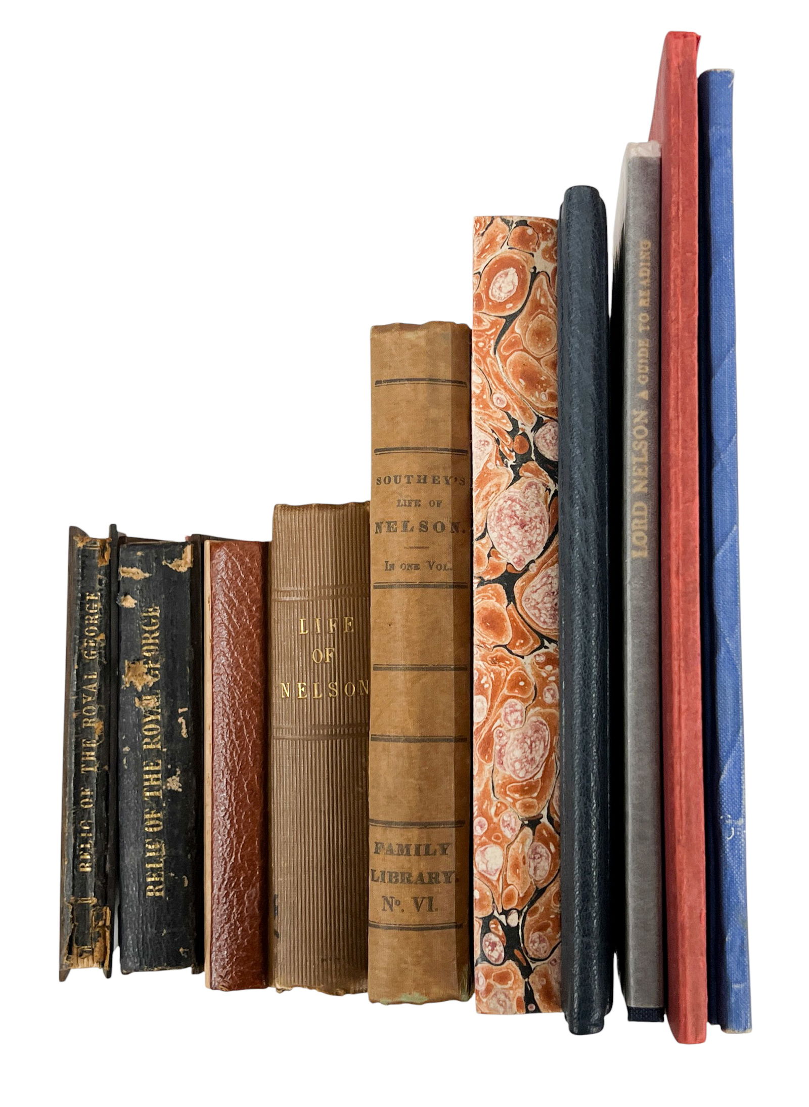 10pc Antique Admiral Nelson Books: 10pc Antique Admiral Nelson Books 8"x5"x.75" Largest. Includes "Life of Nelson" by Robert Southey, "Life of Nelson: Extract from Chambers' Miscellany of Instructive and Entertaining Tracts 1869",