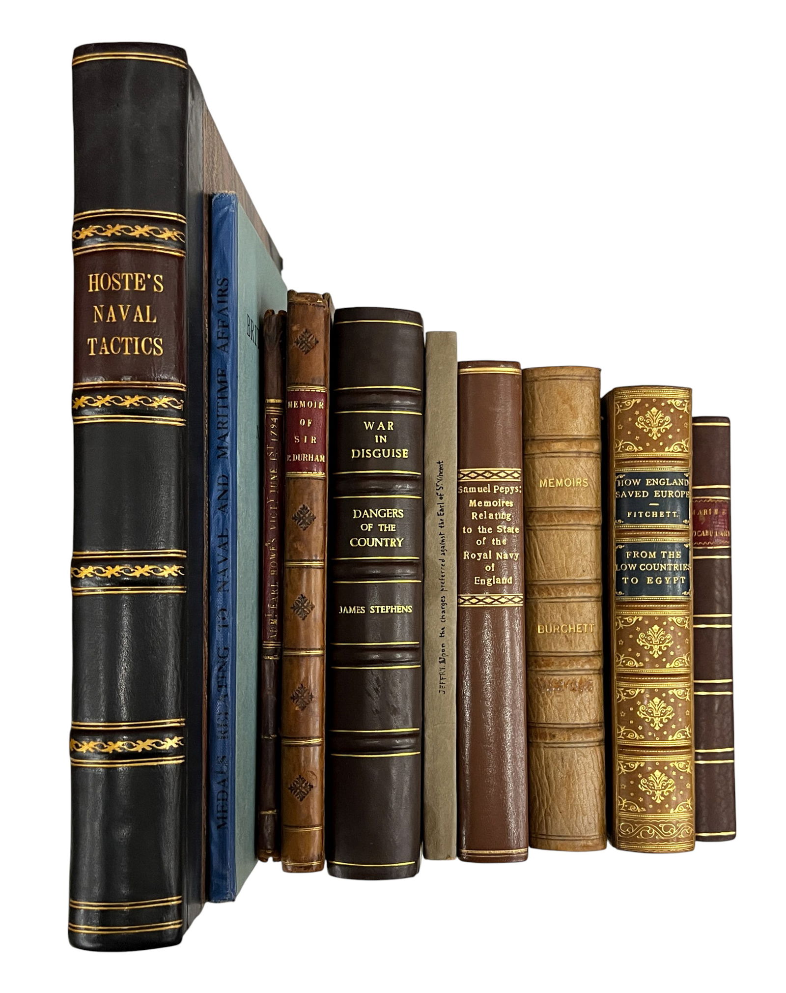 11pc Antique British Naval Books etc.: 11pc Antique British Naval Books etc. 11"x9"x1.75" Largest. Includes "Official Documents of the Glorious Victory", "Memoirs Relating to the State of the Royal Navy of England" by Samuel Pepys, "How En