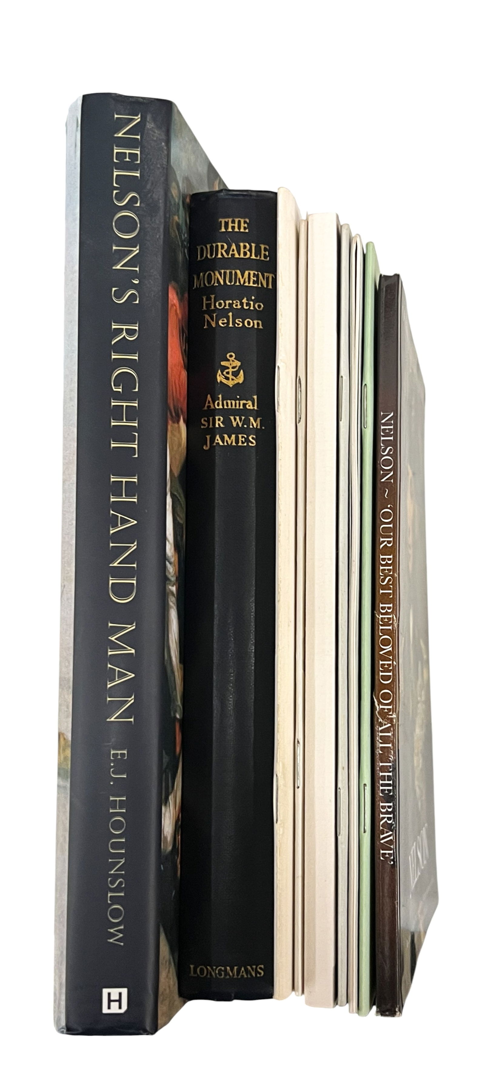 9pc Admiral Nelson Books: 9pc Admiral Nelson Books 9.5"x6.25"x1" Largest. Includes "Nelson Commemorative Medals 1797-1905" by Thomas A. Hardy, "The Battle of the Nile I-II August 1798" by Brian Lavery, "Proud Days for Monmouth