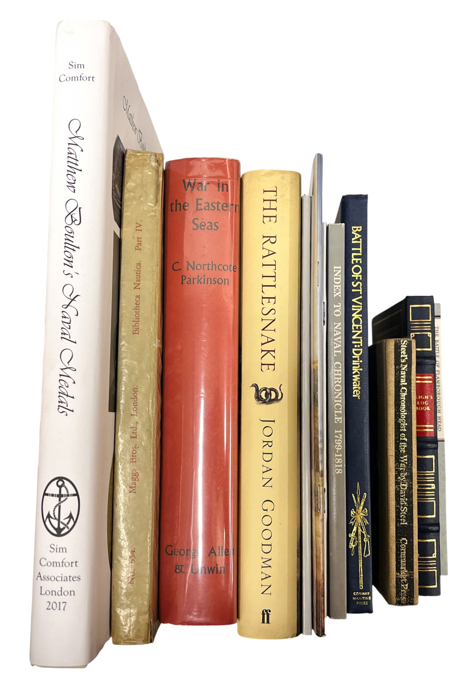 13pc British Naval Books etc.: 13pc British Naval Books etc. 11.5"x9"x1" Largest. Includes "Naval Chronicle 1799-1818" by Norman Hurst, "Naval Chronologist" by David Steel, "The Bligh Notebook Volumes I-II" 2 Volumes by John Bach,