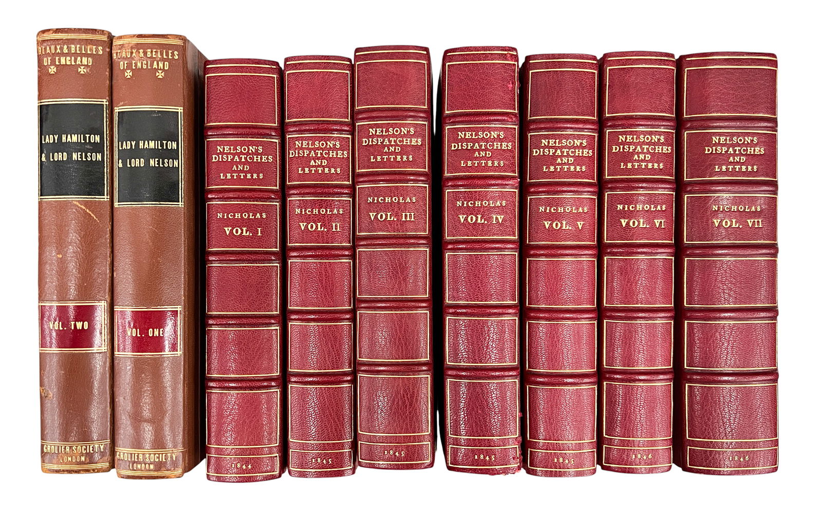 9pc Antique Admiral Nelson Books: 9pc Antique Admiral Nelson Books 9"x6"1.75" Largest. Includes "Lady Hamilton & Lord Nelson" 2 Volumes by John Cordy Jeaffreson & "Nelson's Dispatches and Letters Volumes I-VII" 7 Volumes. Some books