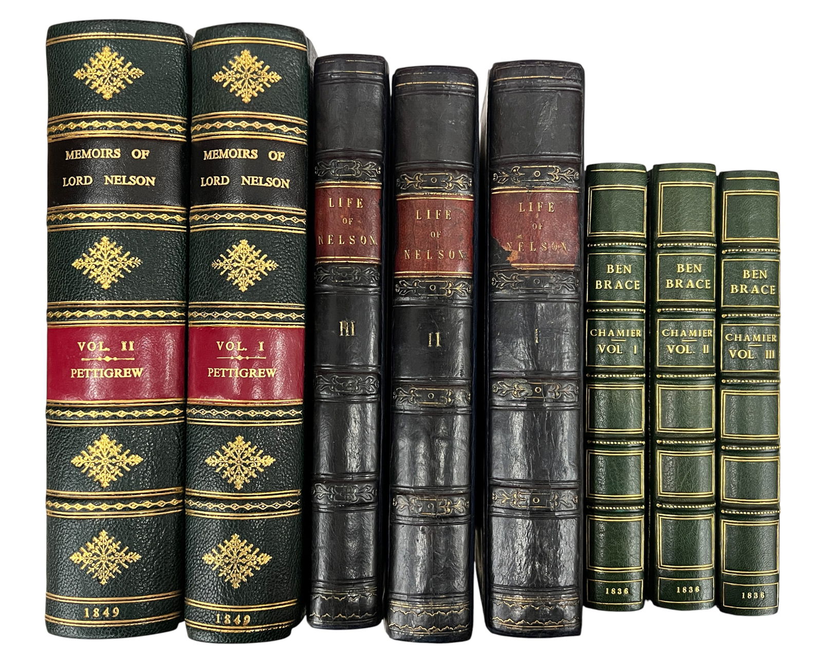 8pc Antique Admiral Nelson Books: 8pc Antique Admiral Nelson Books 9"x6"x2" Largest. Includes "Ben Brace, The Last of Nelson's Agamemnons Volumes I-III" 3 Volumes by Captain Chamier, "Life of Nelson Volumes I-III" 3 Volumes by Rev.