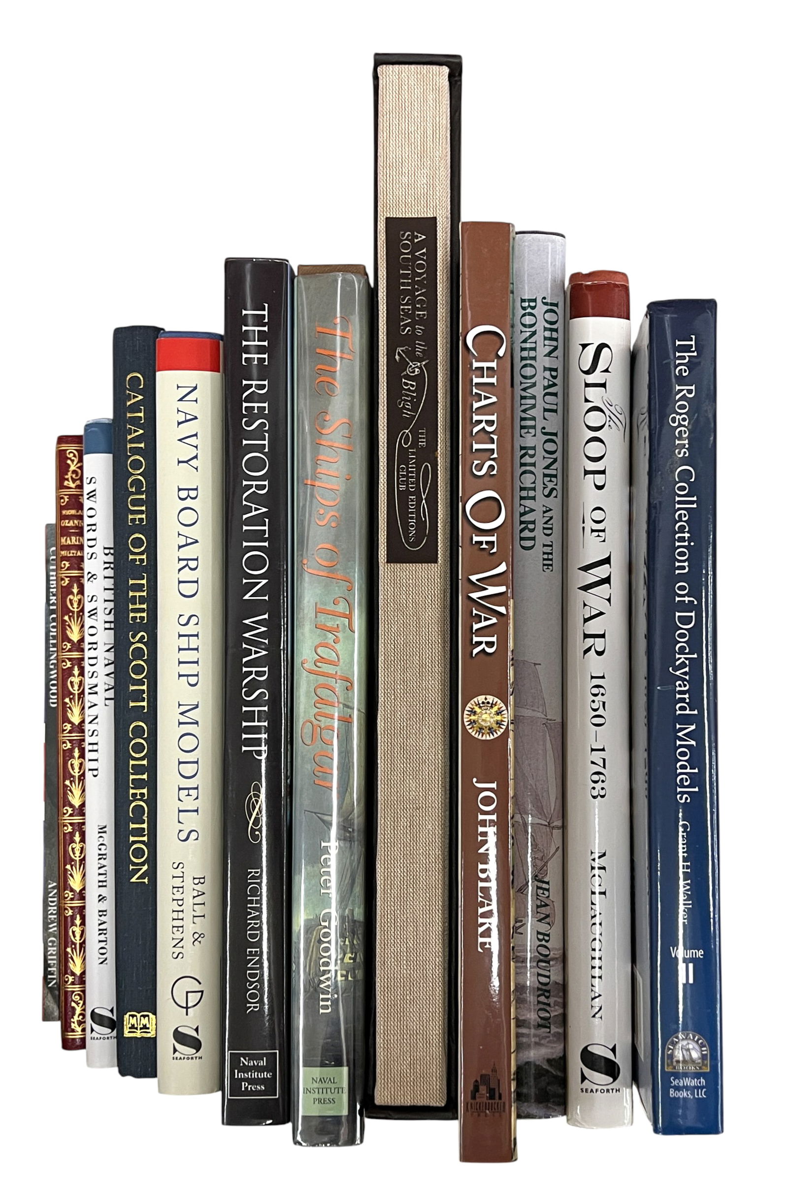 12pc British Naval Books etc.: 12pc British Naval Books etc. 15"x10"x1" Largest. Includes "Cuthbert Collingwood" by Andrew Griffin, "British Naval Swords and Swordsmanship" by John McGrath & Mark Barton, "Marine Militaire Ou
