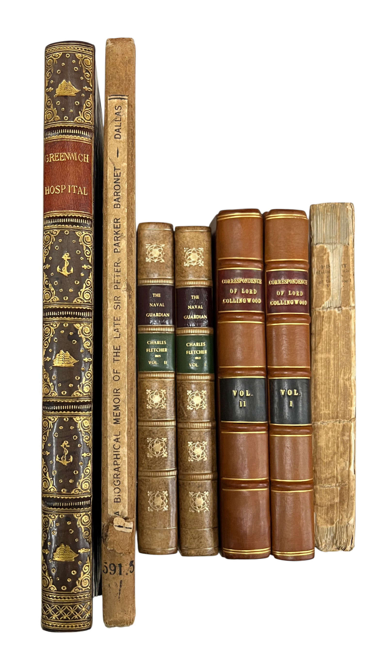 7pc Antique British Naval Books etc.: 7pc Antique British Naval Books etc. 12"x9.5"x1" Largest. Includes "An Accurate Historical Account of All the Orders of Knighthood" by An Officer of the Chancellory, "Biographical Memoir of the Late S