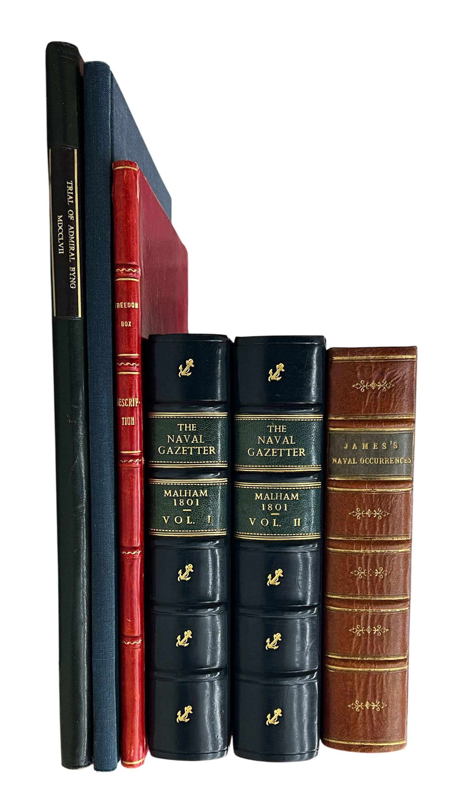 6pc Antique British Naval Books etc.: 6pc Antique British Naval Books etc. 14.5'x9.5"x0.5" Largest. Includes "Naval Occurences of the Late War Between Great Britain and the United States of America" by William James, "The Naval Gazetteer