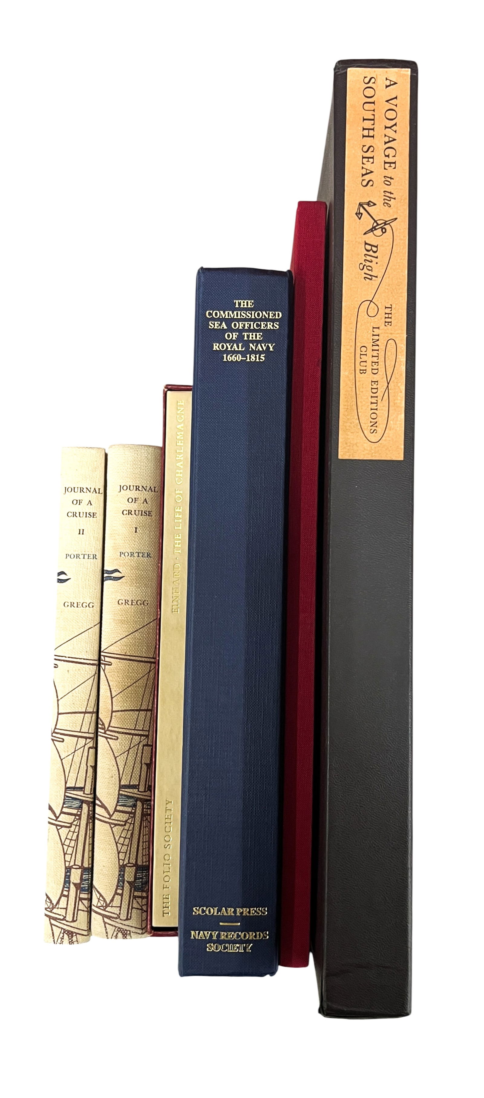 6pc British Naval Books etc.: 6pc British Naval Books etc. 14.5"x10"x1.5" Largest. Includes "Journal of a Crusie Volumes I-II" 2 Volumes by Captain David Porter, "The Life of Charlemagne" by Louis Thorpe, "The Commissioned Sea Off