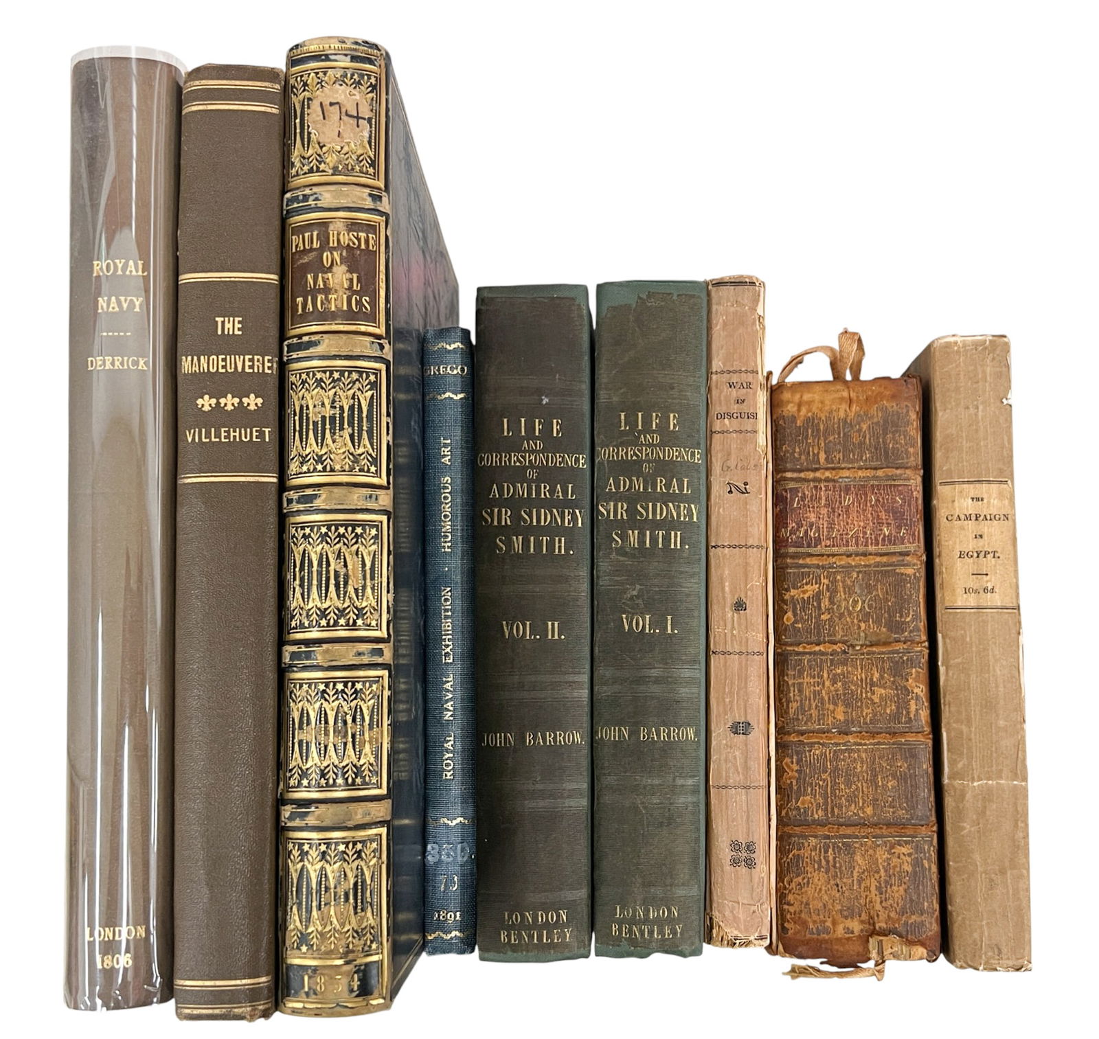 9pc Antique British Naval Books etc.: 9pc Antique British Naval Books etc. 11"x8.5"x1.5" Largest. Includes "The Life and Correspondance of Admiral Sir William Sidney Smith Volumes I-II" 2 Volumes by John Barrow, "Royal Naval Exhibition",