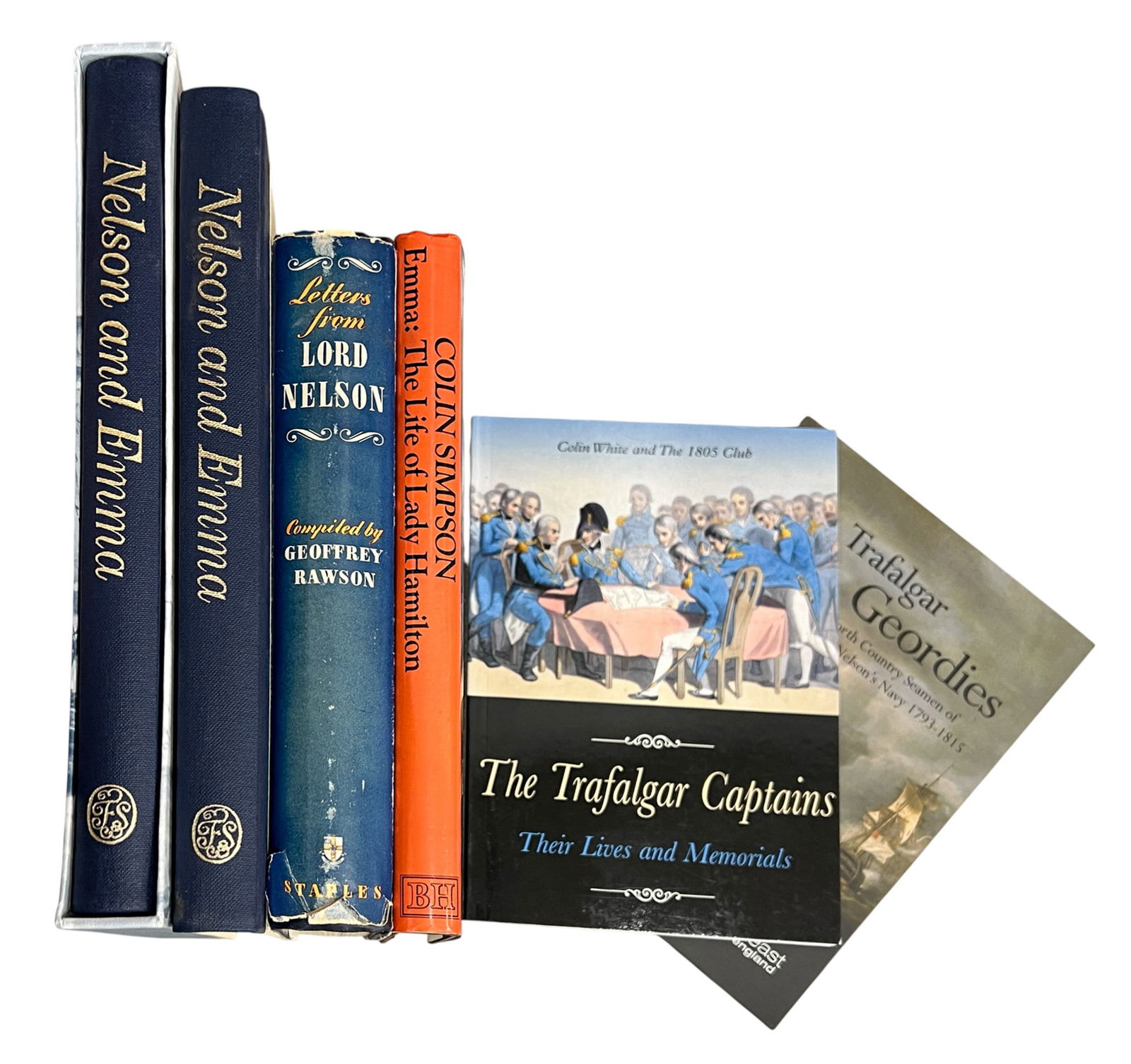 6pc Admiral Nelson Books: 6pc Admiral Nelson Books 10"x7"x1.25" Largest. Includes "Letters from Lord Nelson" by Geoffrey Rawson, "Nelson & Emma" 2 Copies, "Emma, The Life of Lady Hamilton" by Colin Simpson, "The Trafalgar Capt