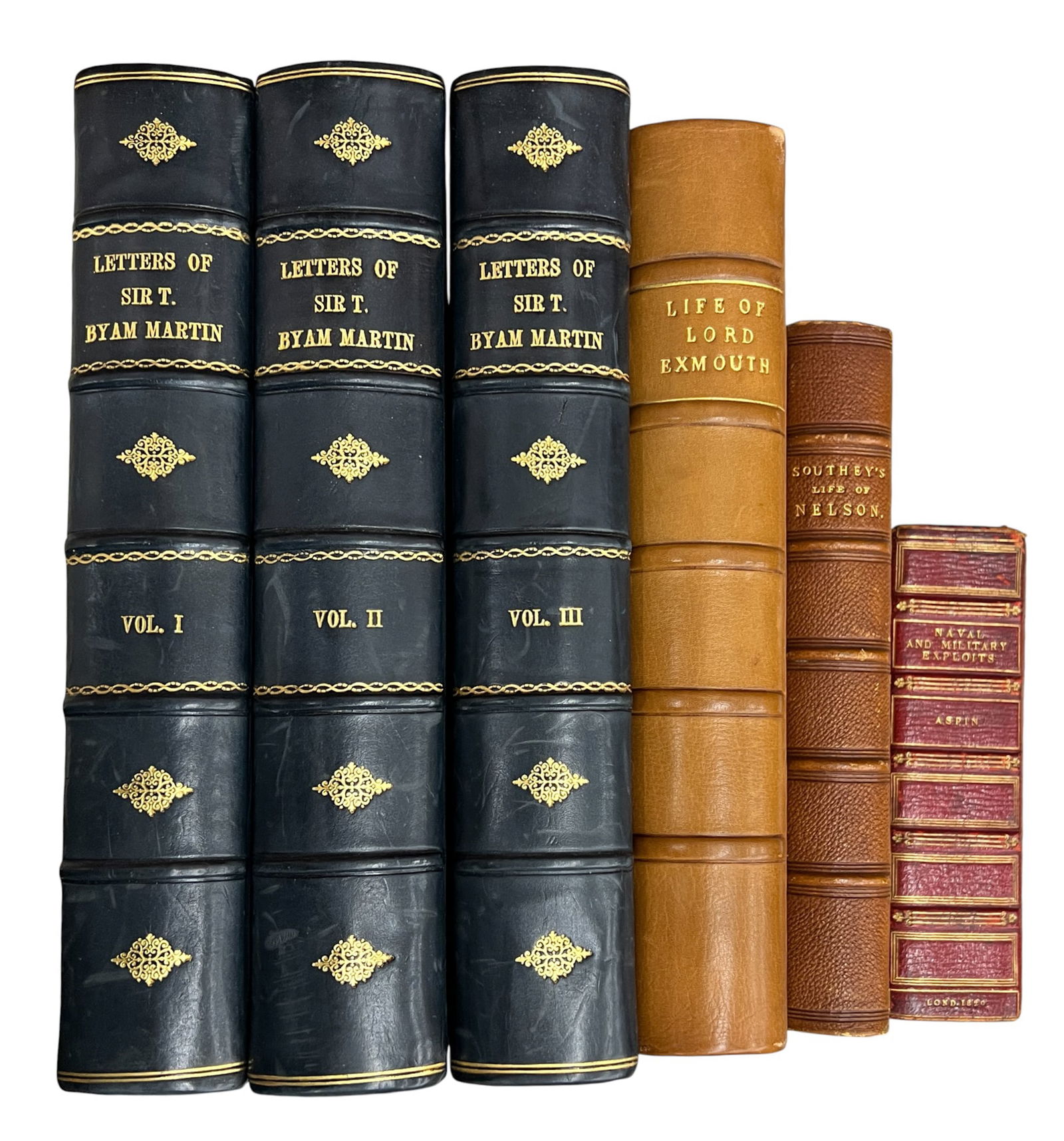 6pc Antique British Naval Books etc.: 6pc Antique British Naval Books etc. 9.5"x6.5"x1.75" Largest. Includes "Life of Nelson" by Robert Southey, "Naval and Military Exploits" by Jehoshaphat Aspin, "Life of Lord Exmouth" by Edward Osler,