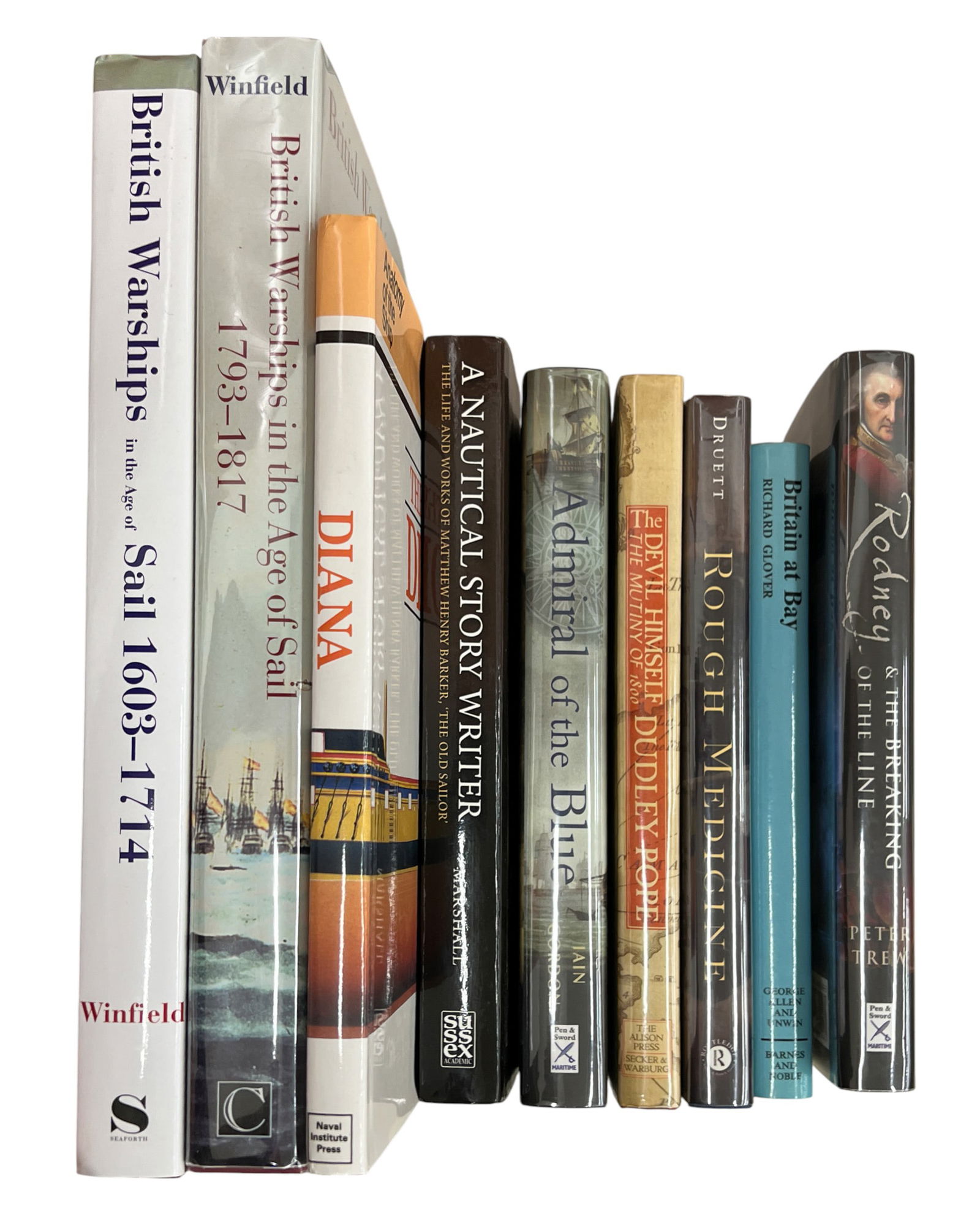 9pc British Naval Books: 9pc British Naval Books 12"x10"x1.5" Largest. Includes "Britain at Bay" by Richard Glover, "Rodney and the Breaking of the Line" by Peter Trew, "Rough Medicine: Surgeon's at Sea in the Age of Sail" by