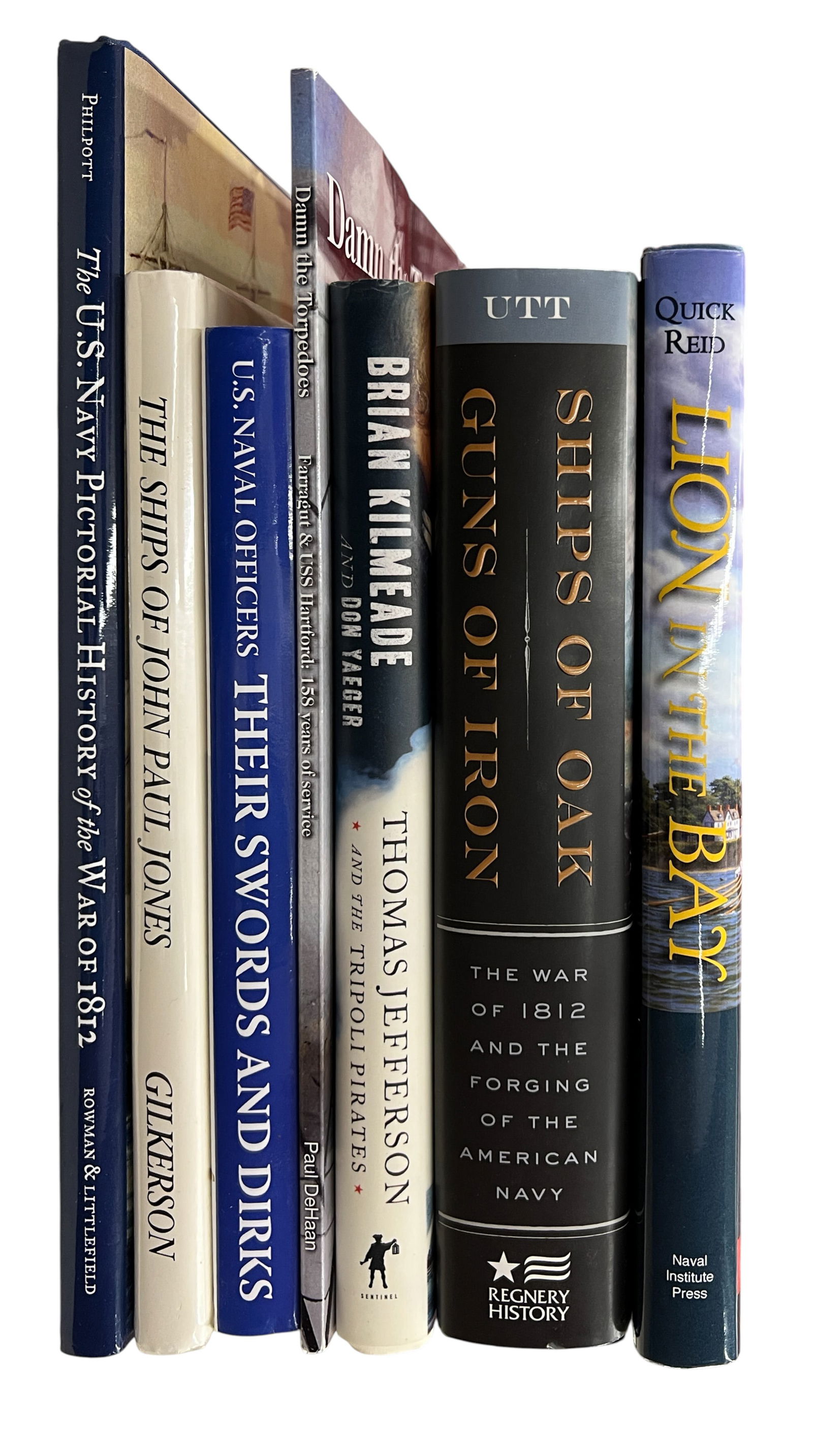 7pc US Navy Books etc.: 7pc US Navy Books etc. 12"x10"x1" Largest. Includes "US Naval Officers: Their Swords and Dirks" by Peter Tuite, "The Ships of John Paul Jones" by William Gilkerson, "Ships of Oak, Guns of Iron" by Ron