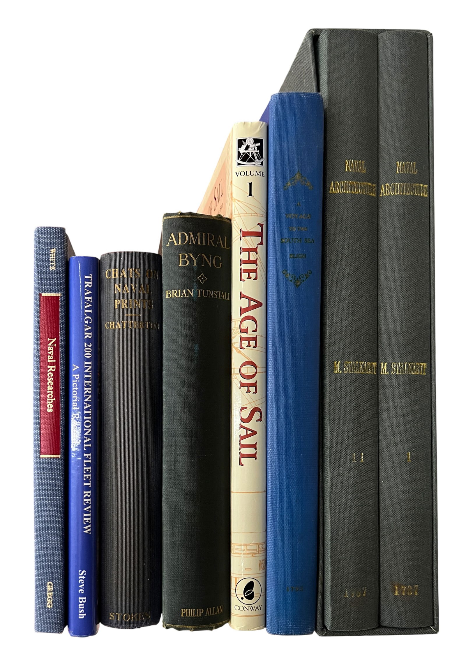 7pc British Naval Books etc.: 7pc British Naval Books etc. 13.5"x9"x3" Largest. Includes "The Voyage to the South Sea" by Captain William Bligh, "The American Revolutionary Series: British Accounts of the American Revolution" by T