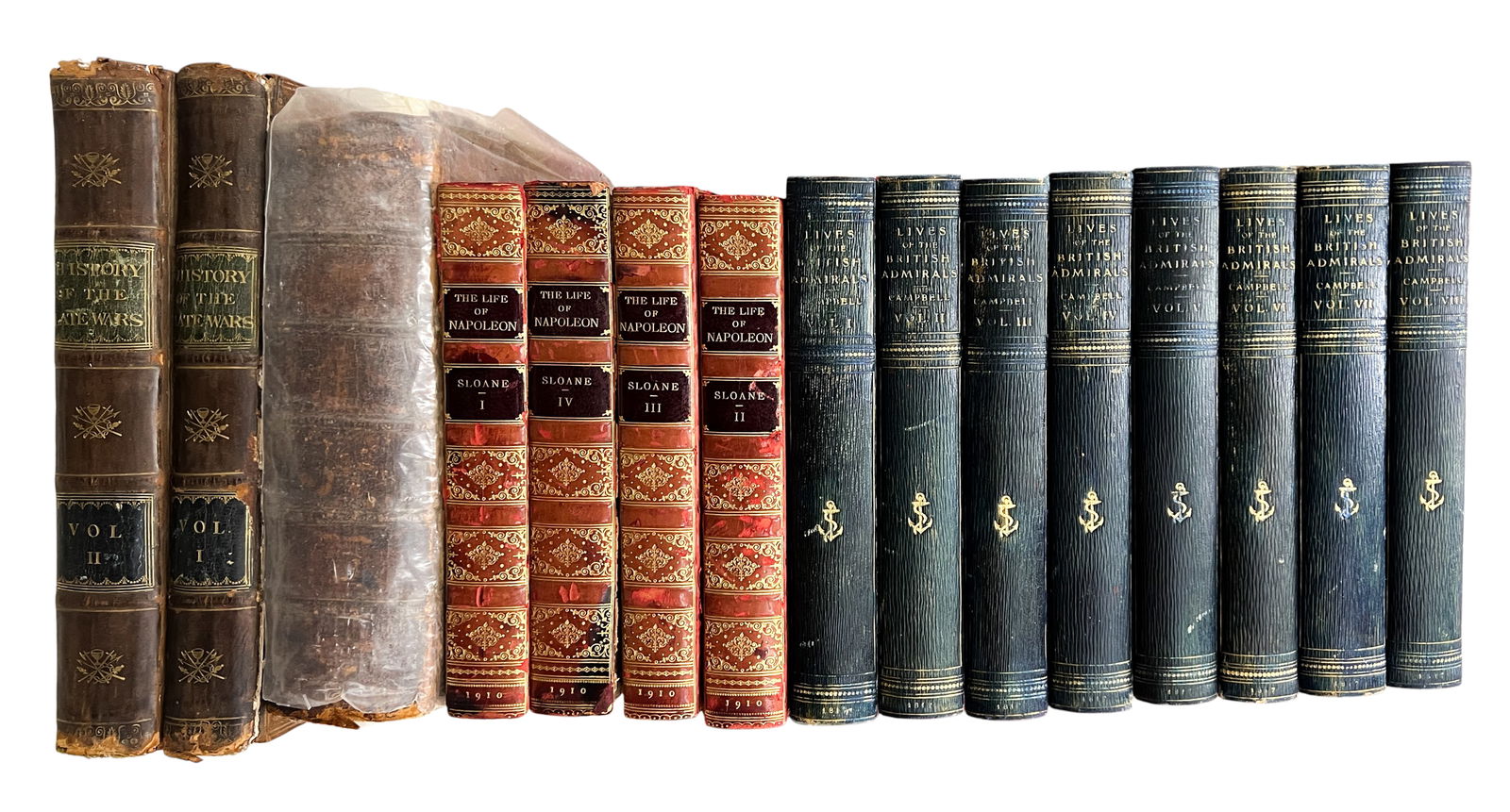 15pc Antique British Naval Books etc.: 15pc Antique British Naval Books etc. 10"x9"x1.5" Largest. Includes "An Impartial History of the War of the Revolution in France", "The Life of Napoleon Volumes I-IV" 4 Volumes by William Milligan