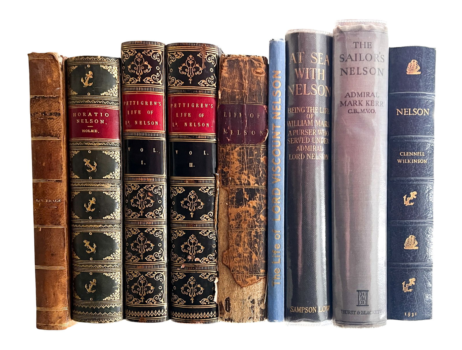 9pc Antique Admiral Nelson Books: 9pc Antique Admiral Nelson Books 9.5"x6.5"x2" Largest. Includes "Ben Brace, The Last of Nelson's Agamemnons", "Horatio Nelson" by Richard H. Holme, "The Life of Lord Nelson Volumes I-II" 2 Volumes by