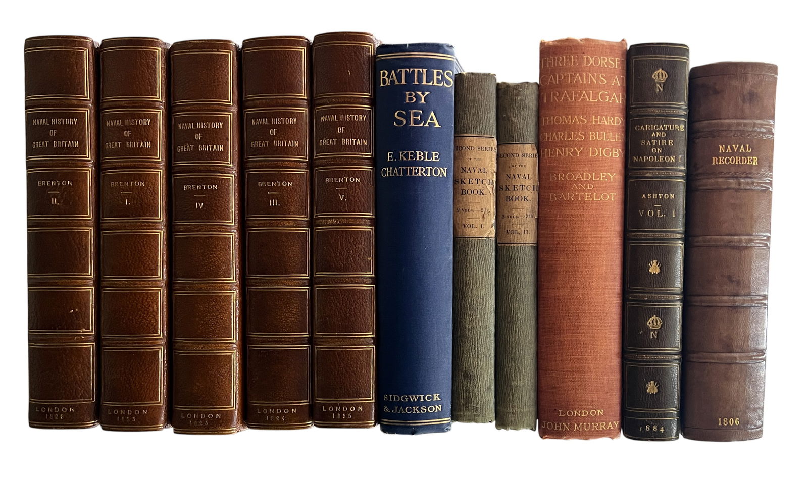 11pc Antique British Naval Books etc.: 11pc Antique British Naval Books etc. 9"x6"x2" Largest. Includes "A Naval History of Great Britain Volumes I-V" 5 Volumes by Edward Pelham Brenton, "Battles by Sea" by E. Keble Chatterton, "Naval