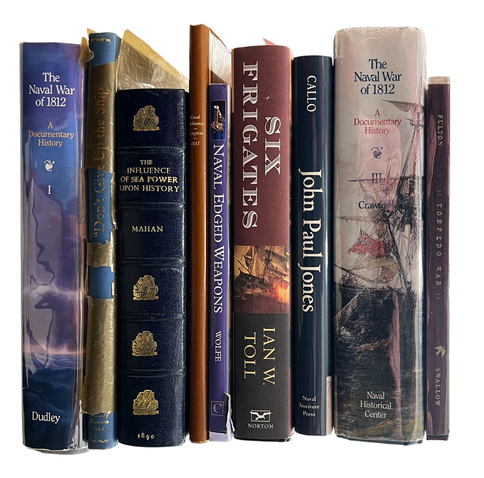 9pc US Navy Books: 9pc US Navy Books 10"x7"x2.5" Largest. Includes "A Naval War of 1812 Volumes I & III" 2 Volumes by William S. Dudley, "A Catalogue of the Eugene H. Pool Collection of Captain James Lawrence", "An Infl
