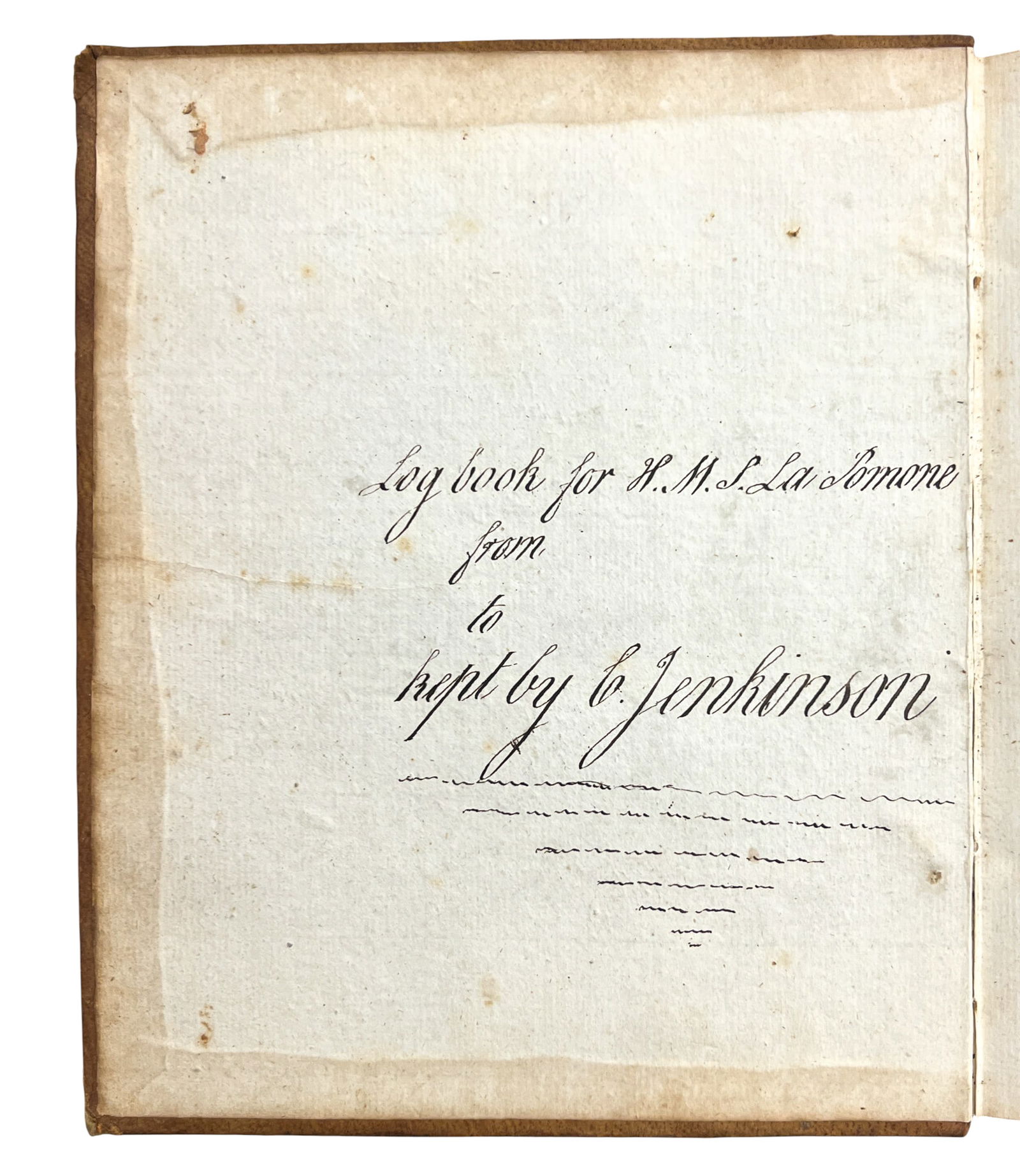 1796 Handwritten Antique HMS Pomone Log Book by Charles Jenkinson: 1796 Handwritten Antique HMS Pomone Log Book by Charles Jenkinson 8"x6.5"x3". Only first few pages are completed. Overall excellent condition.