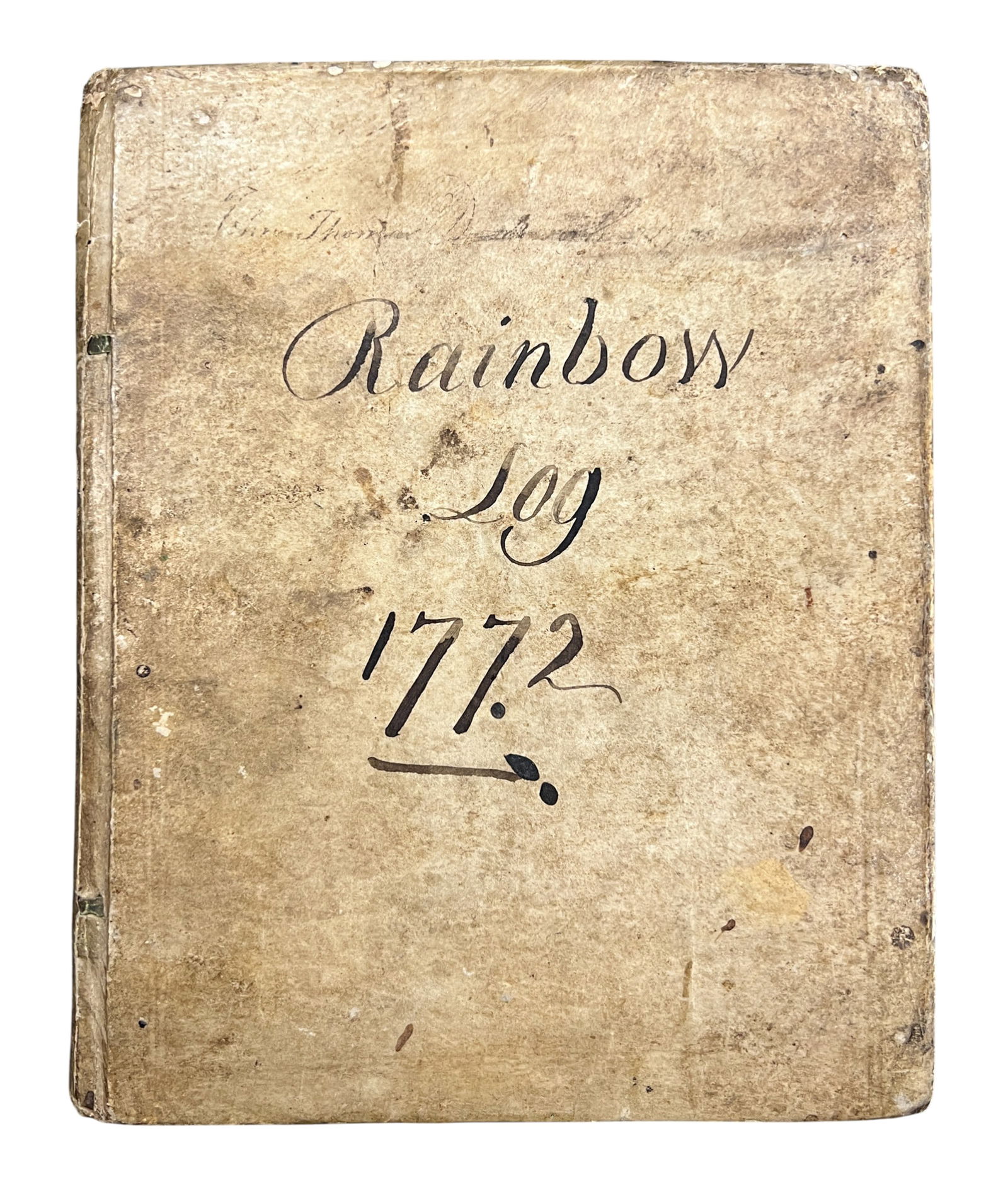 1772 Handwritten Antique HMS Rainbow Log Book by Admiral John Duckworth: 1772 Handwritten Antique HMS Rainbow Log Book by Admiral John Duckworth 8"x6.5"x1". Signed on front page. Minor foxing throughout, overall excellent condition.