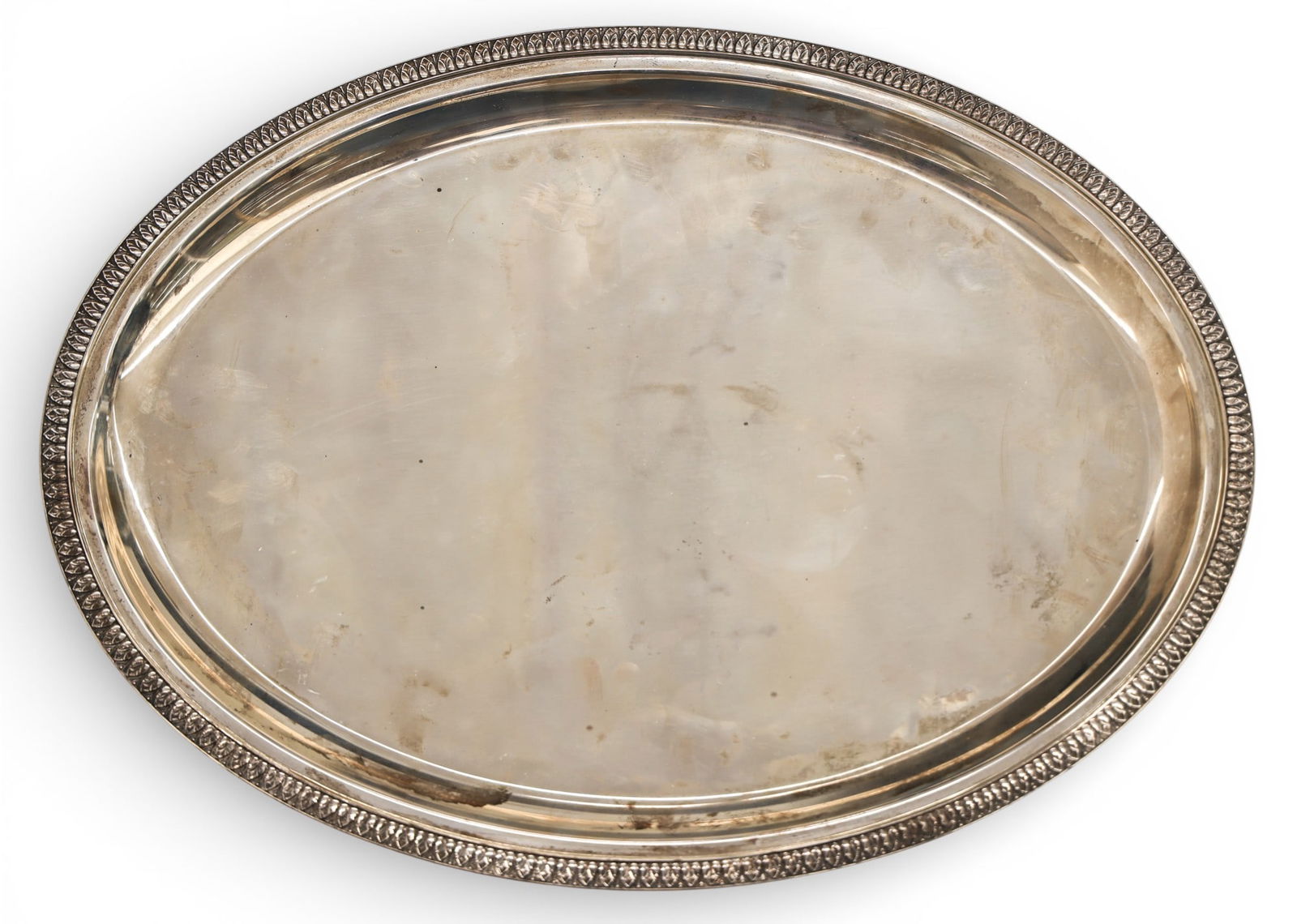 Buccellati Italian Sterling Empire Oval Serving Tray: Buccellati Italian Sterling Empire-Impero Oval Serving Tray 11.5"x15.5". Signed on bottom edge. A few minor scratches and one pin-point ding to surface from use. Overall excellent condition. It weighs