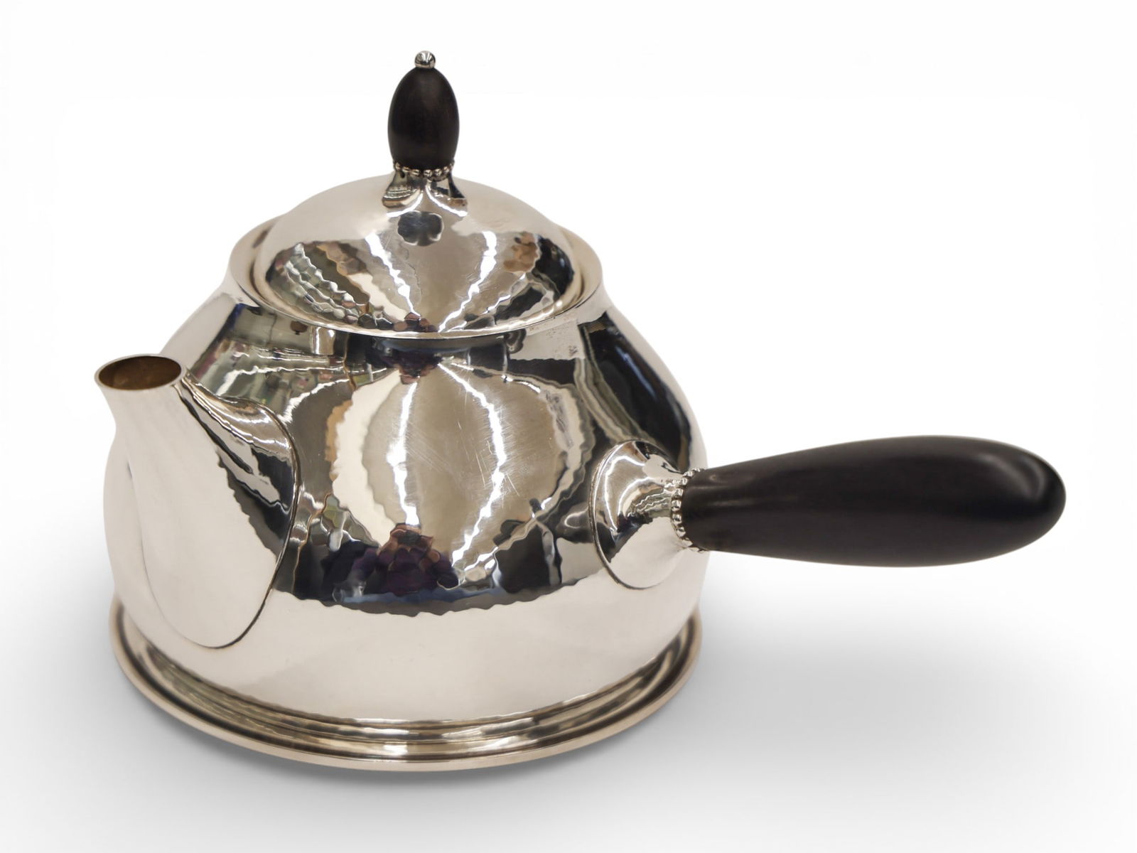 2pc Georg Jensen Danish Sterling Chocolate Pot and Coaster: 2pc Georg Jensen Danish Sterling Chocolate Pot and Coaster 5"x8.5". Sterling with ebony wood handles. Form 80A and pyramid bottle coaster 600B. Vintage marks on bottom. One dent to verso body with som