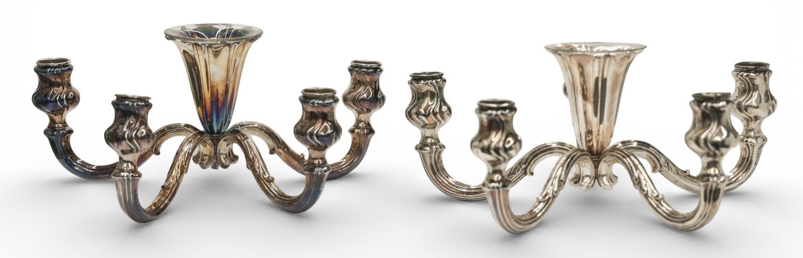 Pair Otto Wolter German 835 Silver Centerpiece Candelabras: Pair Otto Wolter German 835 Silver Centerpiece Candelabras 6"x13". Five-light candelabras with central crystal lined vase. Hallmarked on bottom. Excellent condition. Pair weighs 30.22 troy ounces, exc