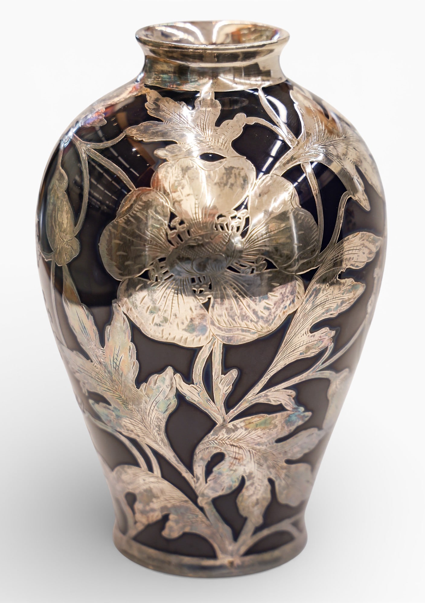 Antique Lenox Silver Overlay Porcelain Presentation Vase: Antique Lenox Silver Overlay Porcelain Presentation Vase 8"x5". Art nouveau floral motifs with star medallion and crown "Acme 594". Green mark on underside. Excellent condition.