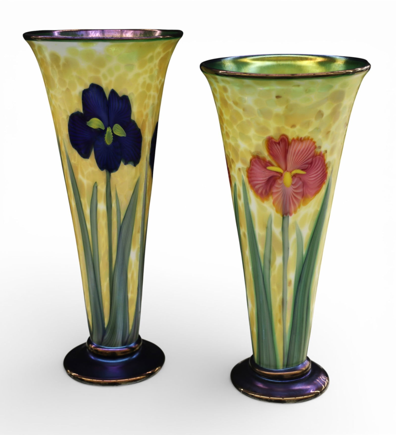 2pc Orient & Flume Iridescent Art Glass Iris Vases (1 of 1)