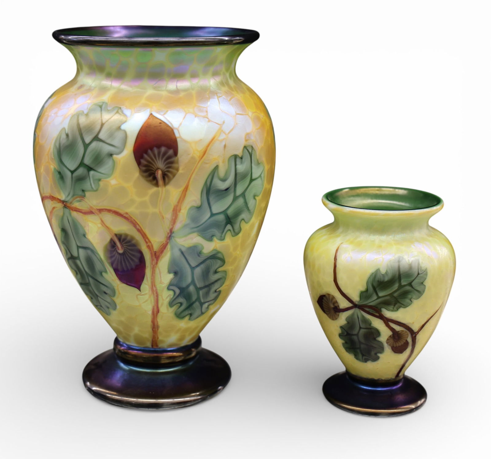 2pc Orient & Flume Iridescent Art Glass Acorn Vases (1 of 1)