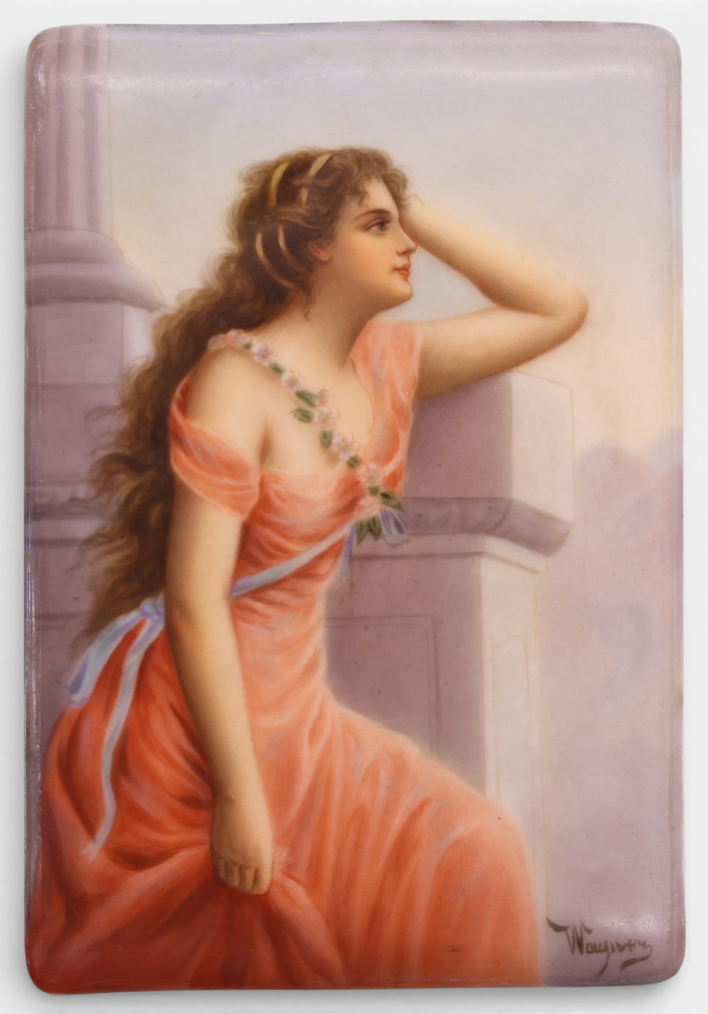 Antique KPM Style "Longing" Porcelain Plaque Signed Wagner: Antique German "Longing" Porcelain Plaque Signed Wagner 6"x4". Hand painted beauty titled "Sehnsucht" on verso. Artist signed Wagner lower right. Unmarked, attributed to KPM Royal Berlin. Excellent co