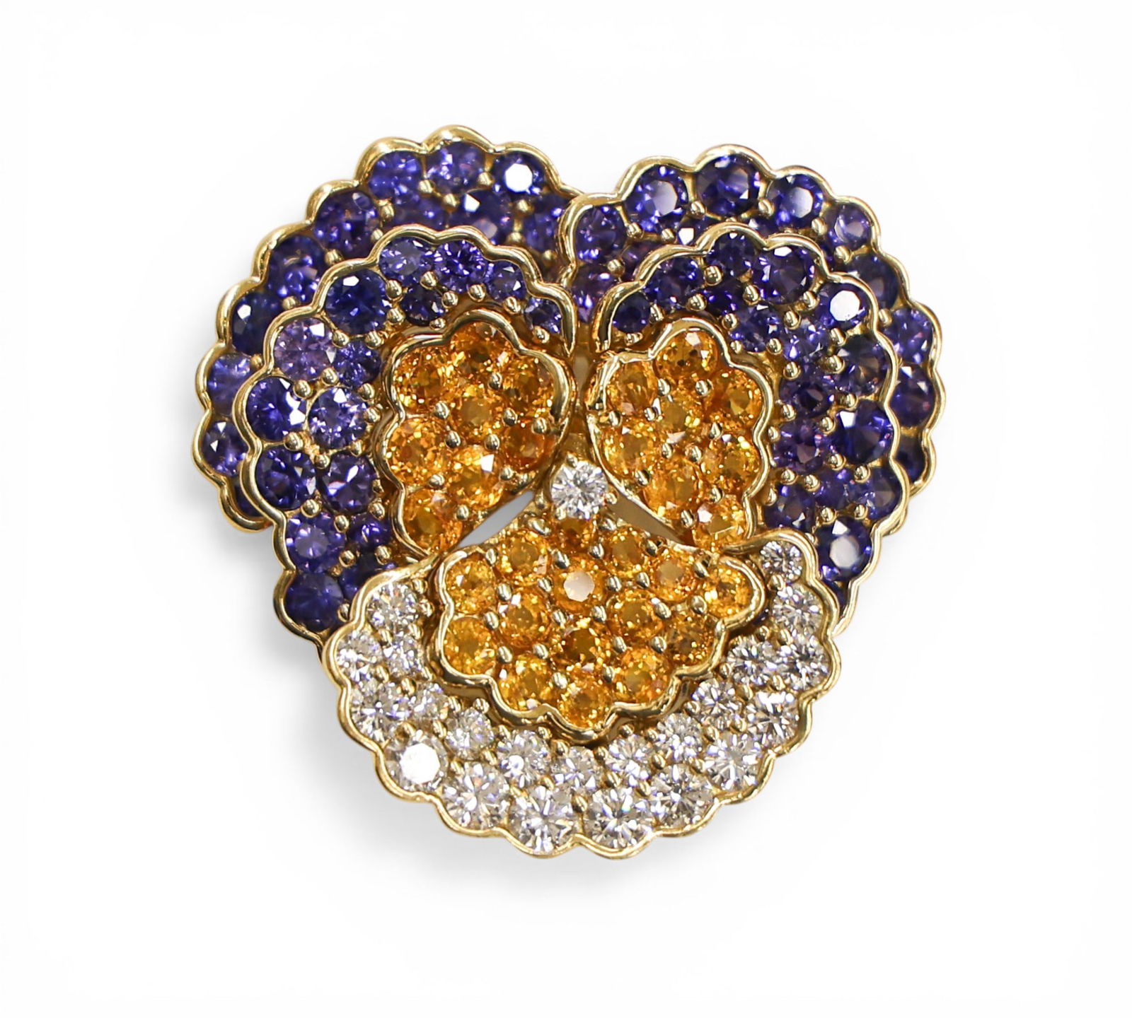 Jean Vitau 18k Diamond and Sapphire Pansy Brooch: Jean Vitau 18k Diamond and Sapphire Pansy Brooch 38x40mm. Includes (23) round brilliant cut diamonds weighing 2.1ctw and measuring 2.5-3.5mm with an average color E-F, clarity VVS2. Also (31) yellow a
