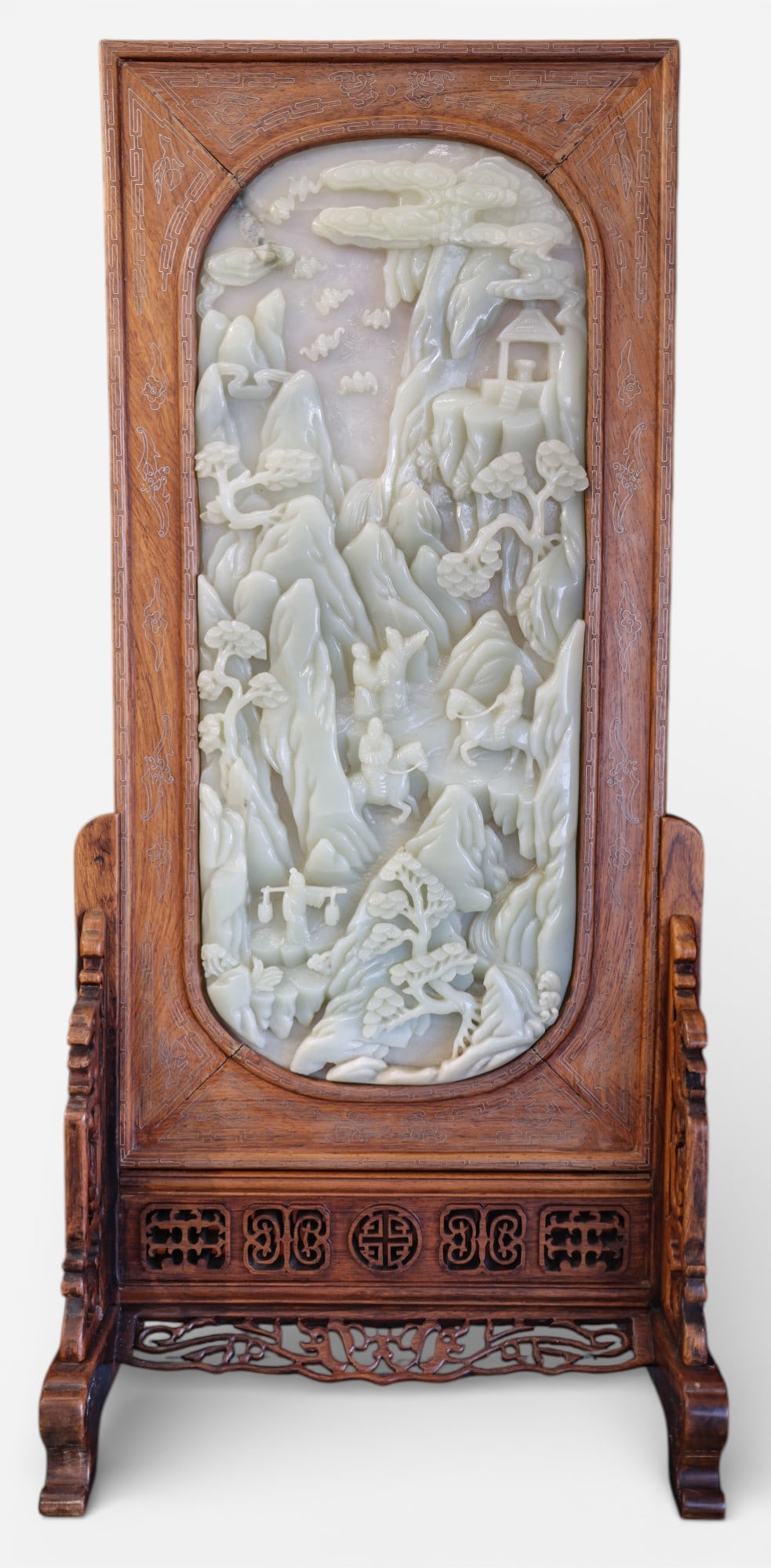 Impressive Chinese Carved Jade Rosewood Table Screen (1 of 6)