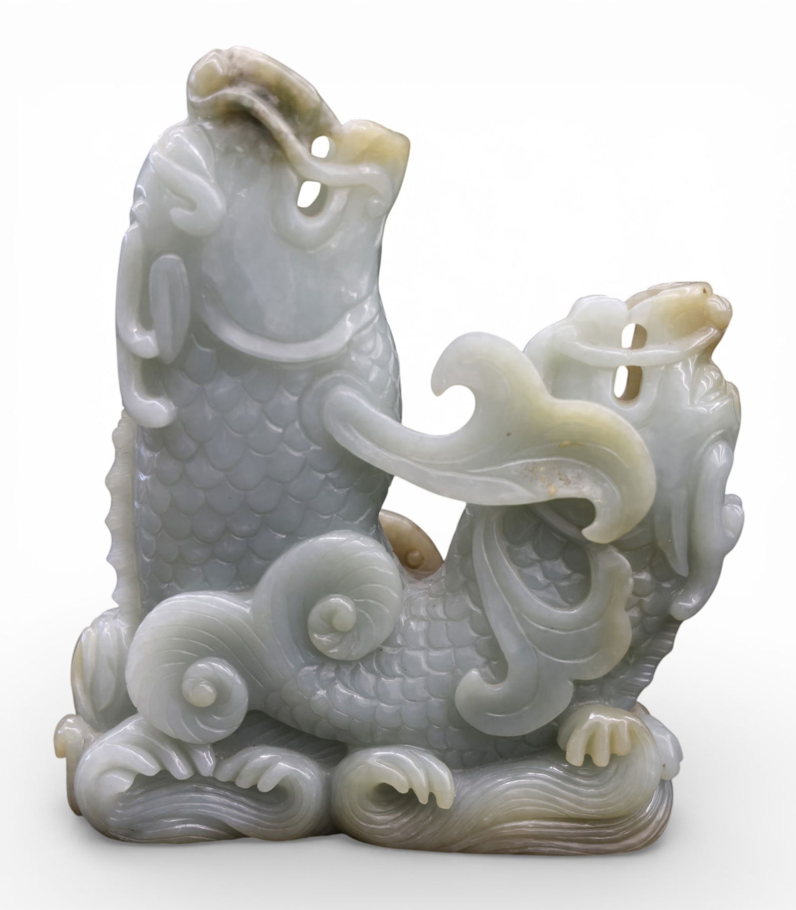 Chinese Carved Jade Archaic Dragon Fish Double Vase (1 of 3)