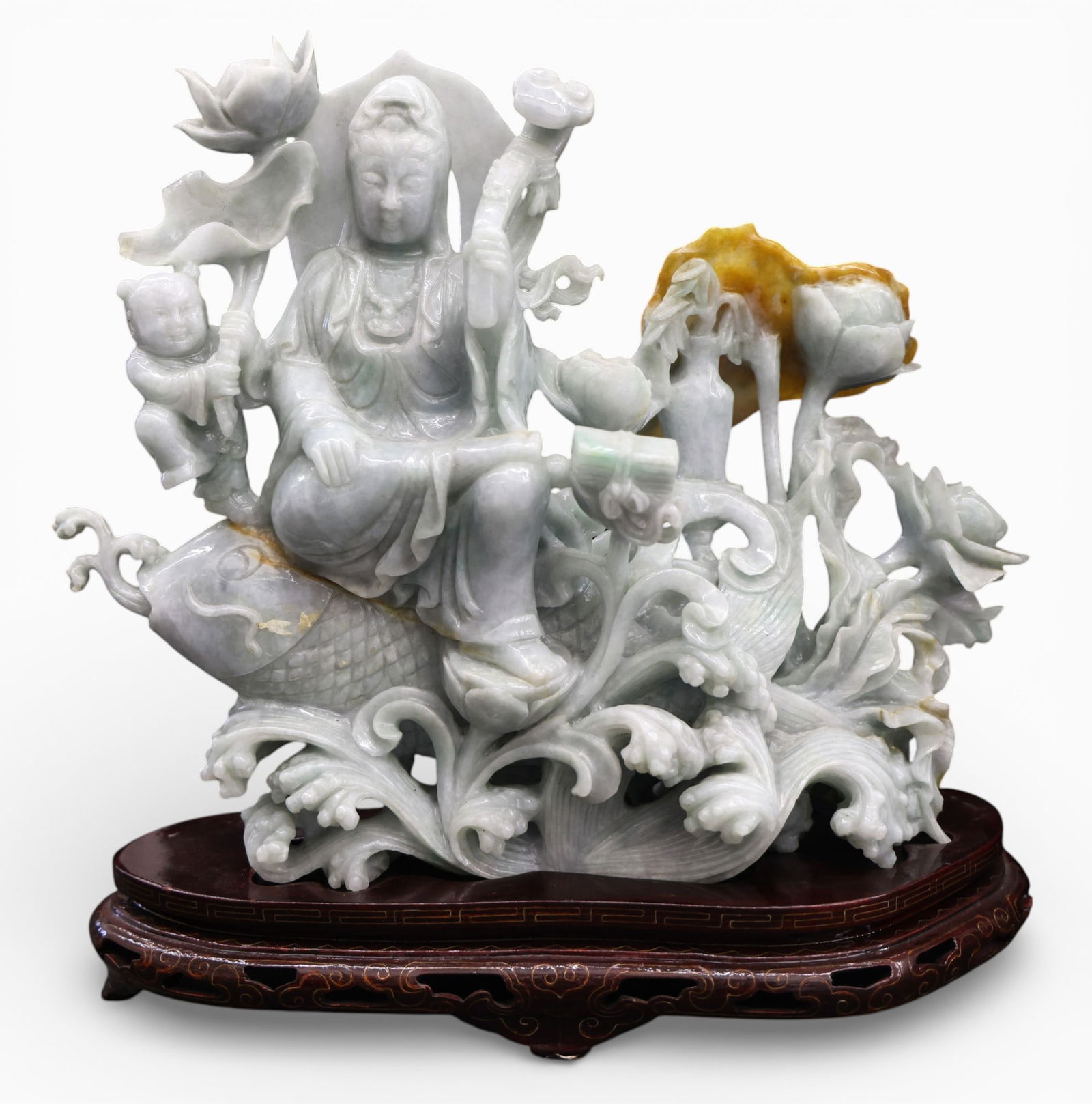 Chinese Carved Jadeite Guanyin Riding Carp Figure Group (1 of 3)