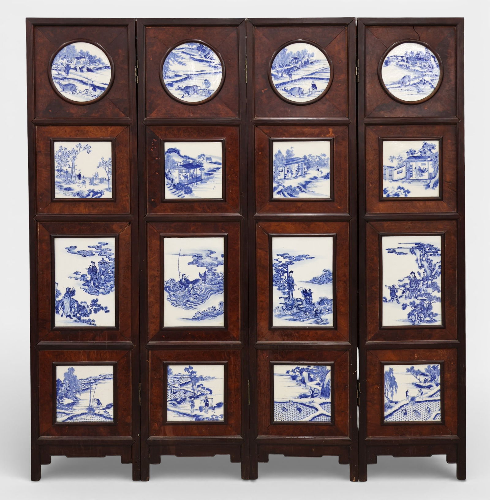 Chinese Blue and White Porcelain Four-Panel Room Screen: Chinese Blue and White Porcelain Four-Panel Room Screen 78"x72". Set with sixteen blue underglaze hand painted round, square, and rectangular porcelain plaques measuring 10" to 15.5" long. Includes ge