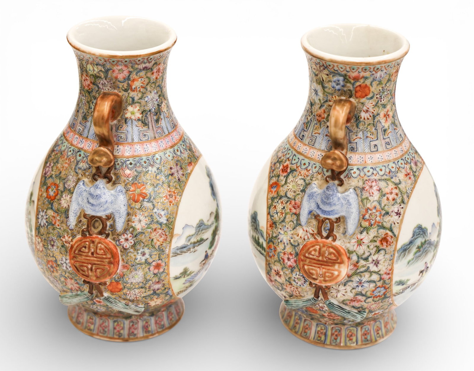 Pair Fine Chinese Millefleur Porcelain Landscape Vases - 2